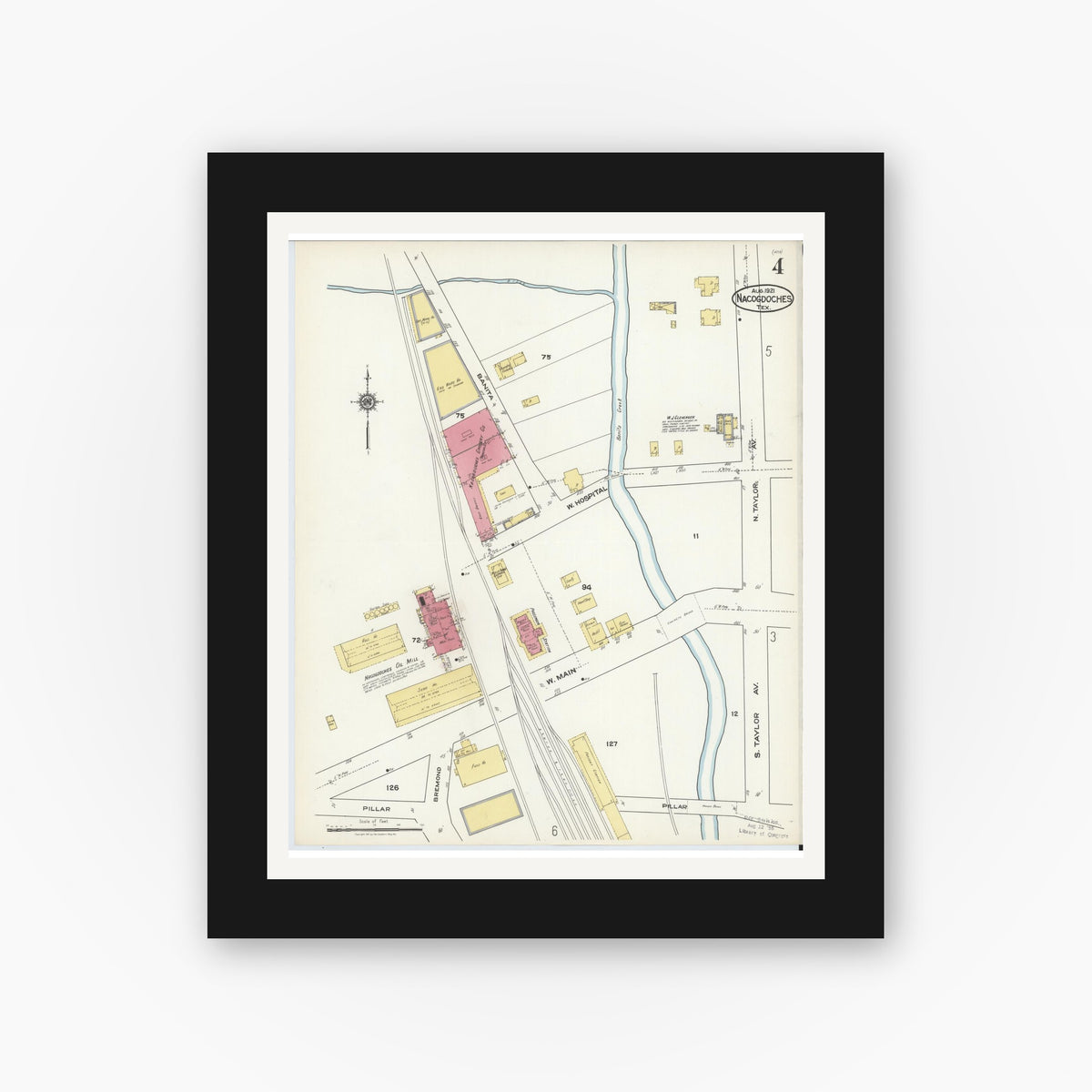 Old map wall art mockup — black gallery frame with white mat — Sanborn Fire Insurance Map from Nacogdoches, Nacogdoches County, Texas (1921), Sheet #0004