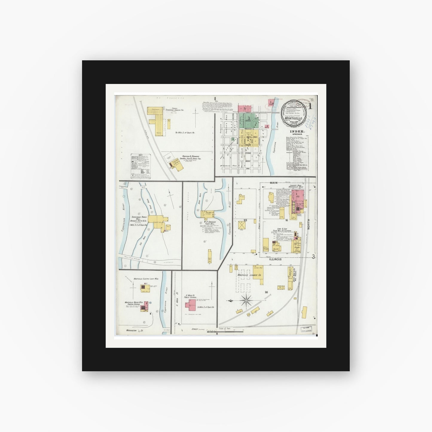 Old map wall art mockup — black gallery frame with white mat — Sanborn Fire Insurance Map from Monticello, White County, Indiana (1899), Sheet #0001