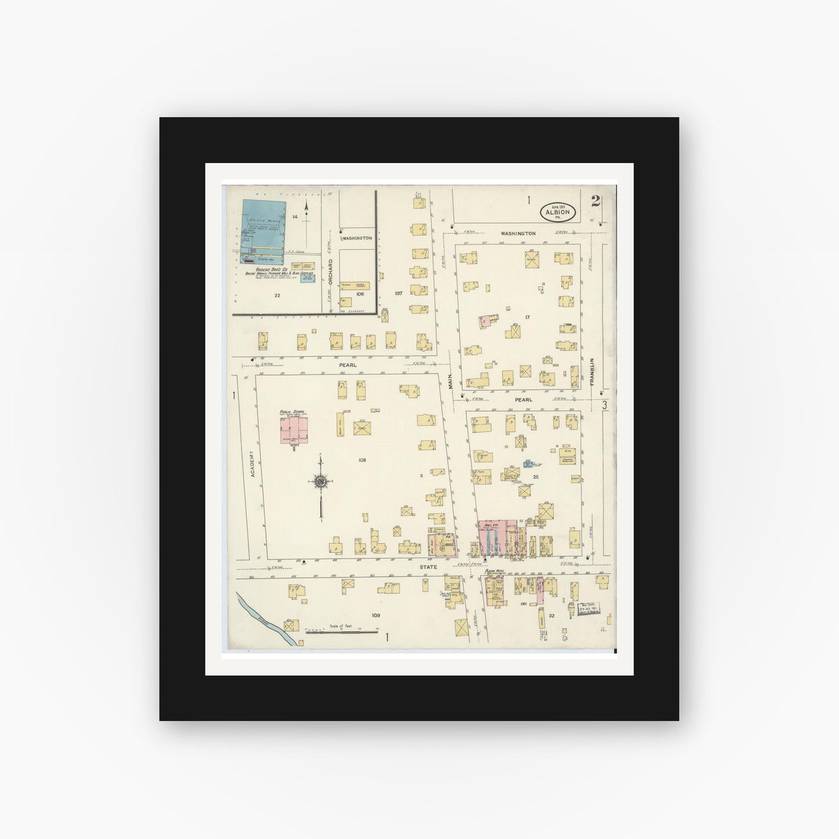 Old map wall art mockup — black gallery frame with white mat — Sanborn Fire Insurance Map from Albion, Erie County, Pennsylvania (1911), Sheet #0002