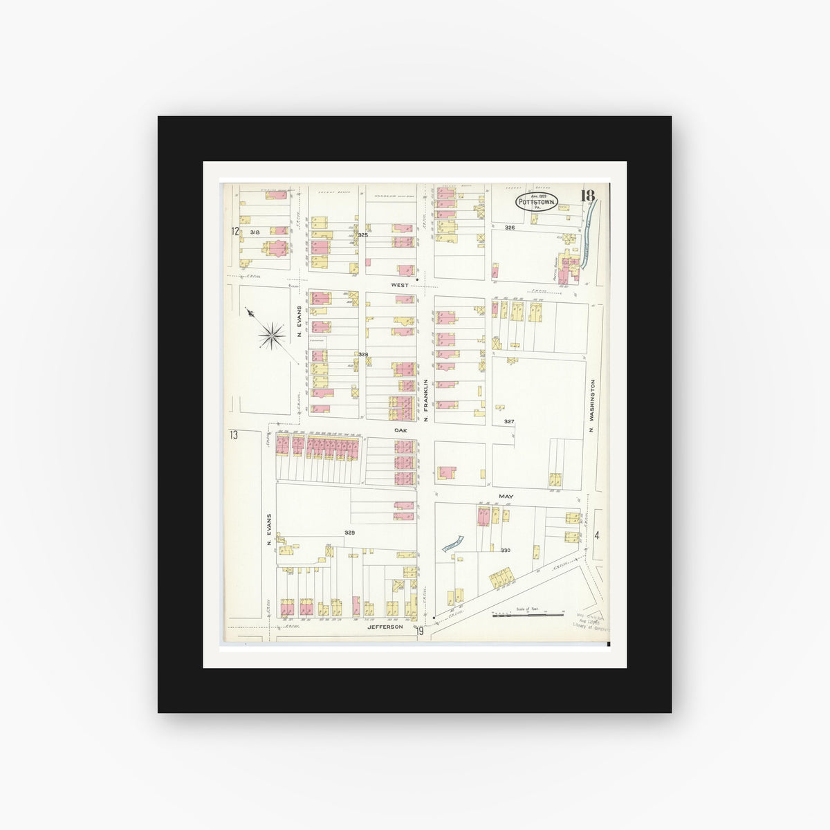 Old map wall art mockup — black gallery frame with white mat — Sanborn Fire Insurance Map from Pottstown, Montgomery County, Pennsylvania (1909), Sheet #0018