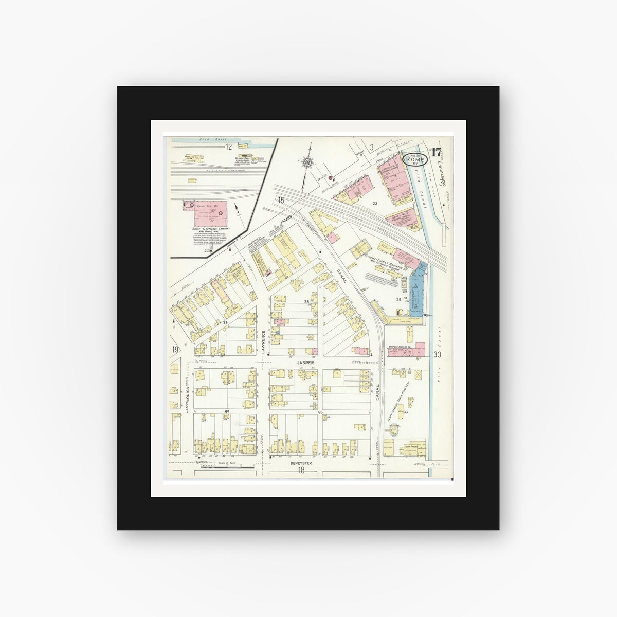 Old map wall art mockup — black gallery frame with white mat — Sanborn Fire Insurance Map from Rome, Oneida County, New York (1914), Sheet #0017