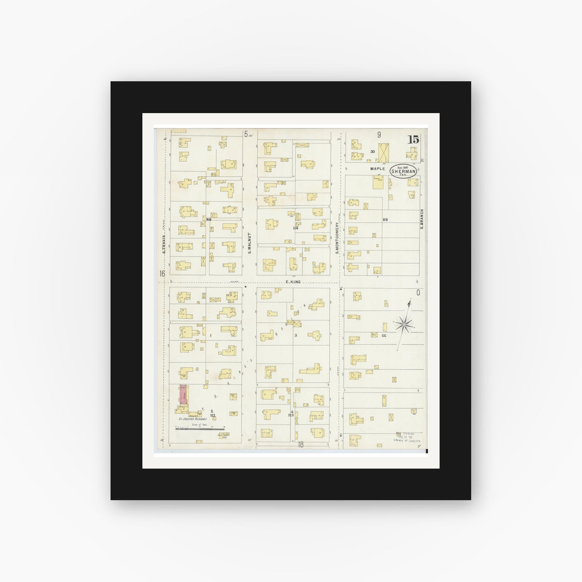 Old map wall art mockup — black gallery frame with white mat — Sanborn Fire Insurance Map from Sherman, Grayson County, Texas (1897), Sheet #0015