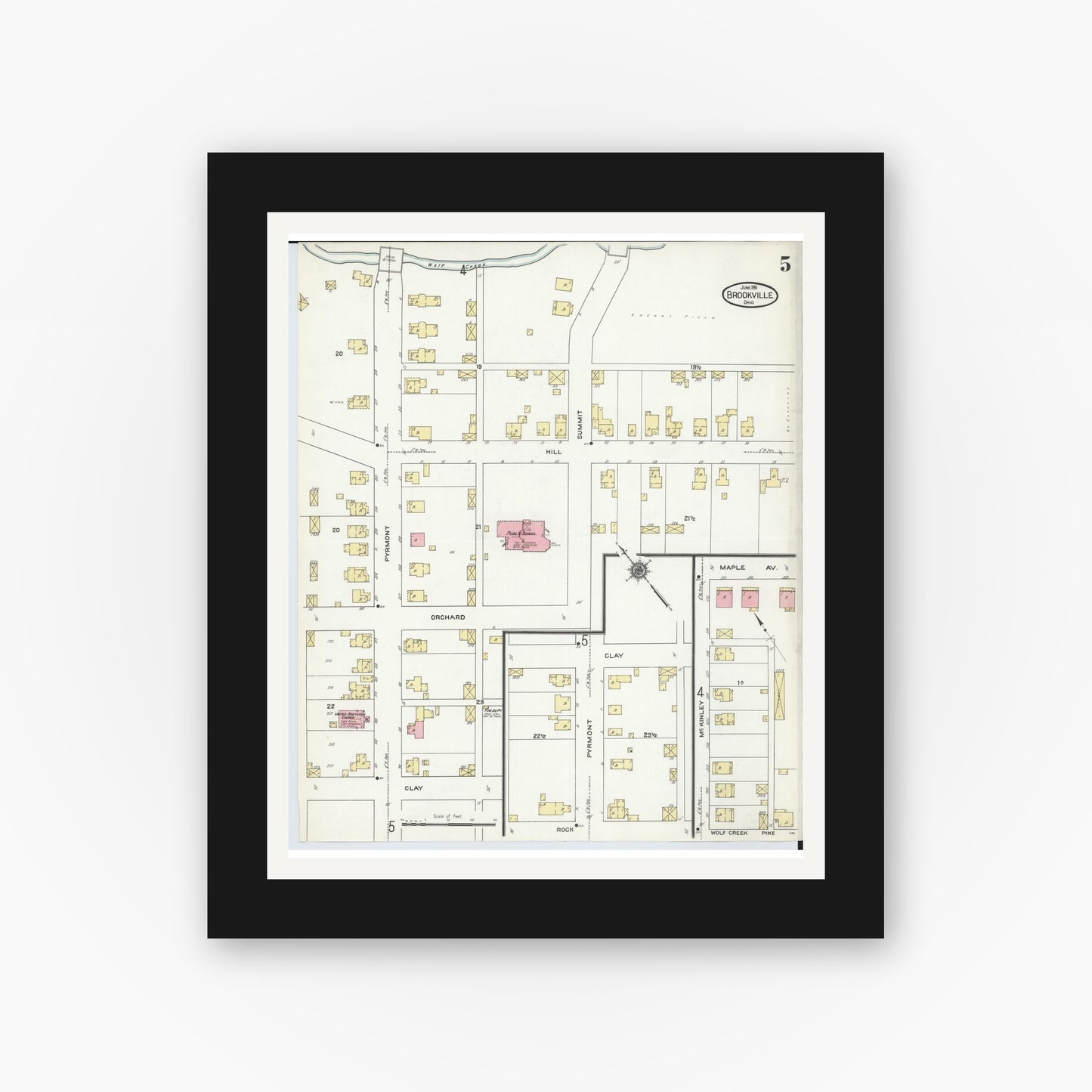 Old map wall art mockup — black gallery frame with white mat — Sanborn Fire Insurance Map from Brookville, Montgomery County, Ohio (1911), Sheet #0005