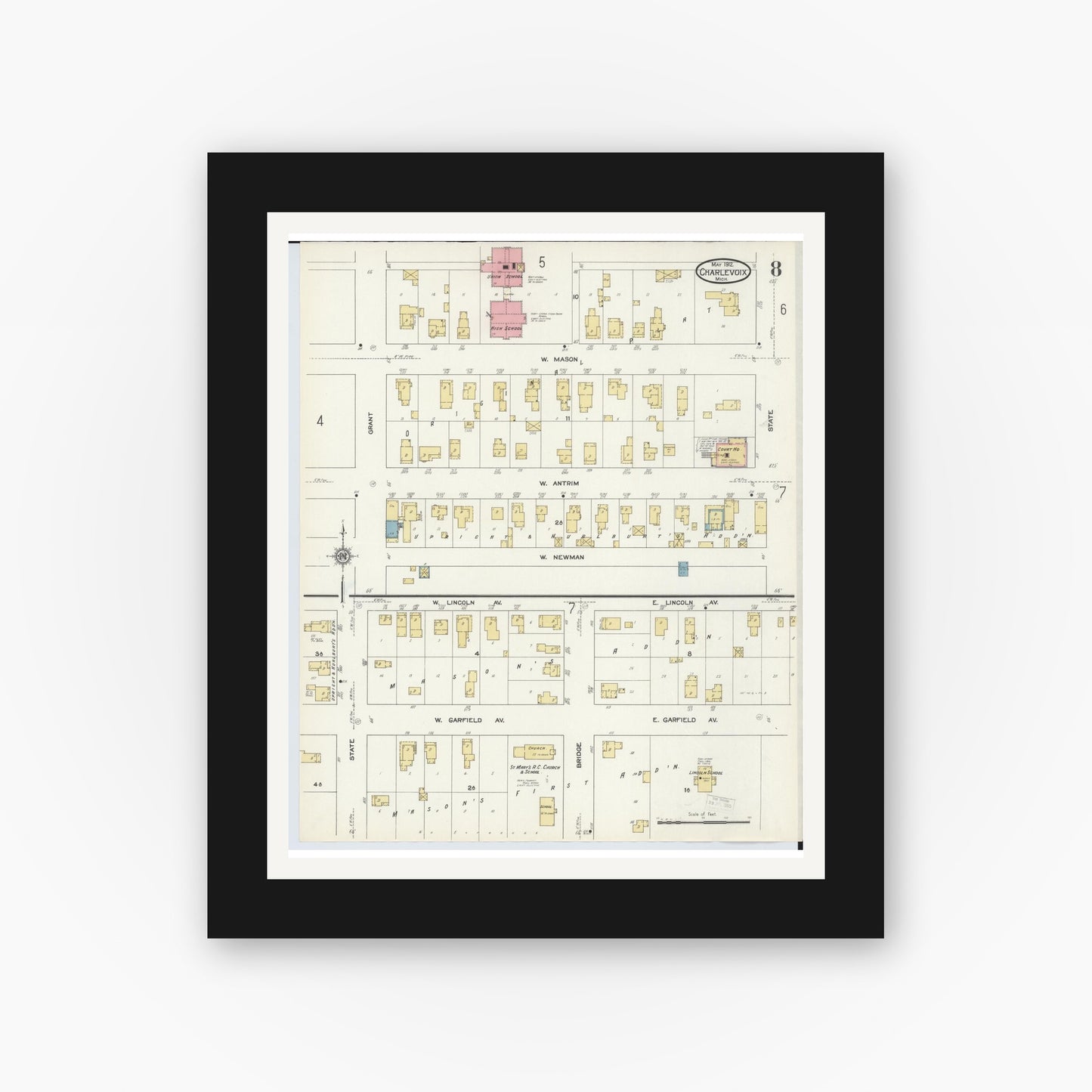 Old map wall art mockup — black gallery frame with white mat — Sanborn Fire Insurance Map from Charlevoix, Charlevoix County, Michigan (1912), Sheet #0008