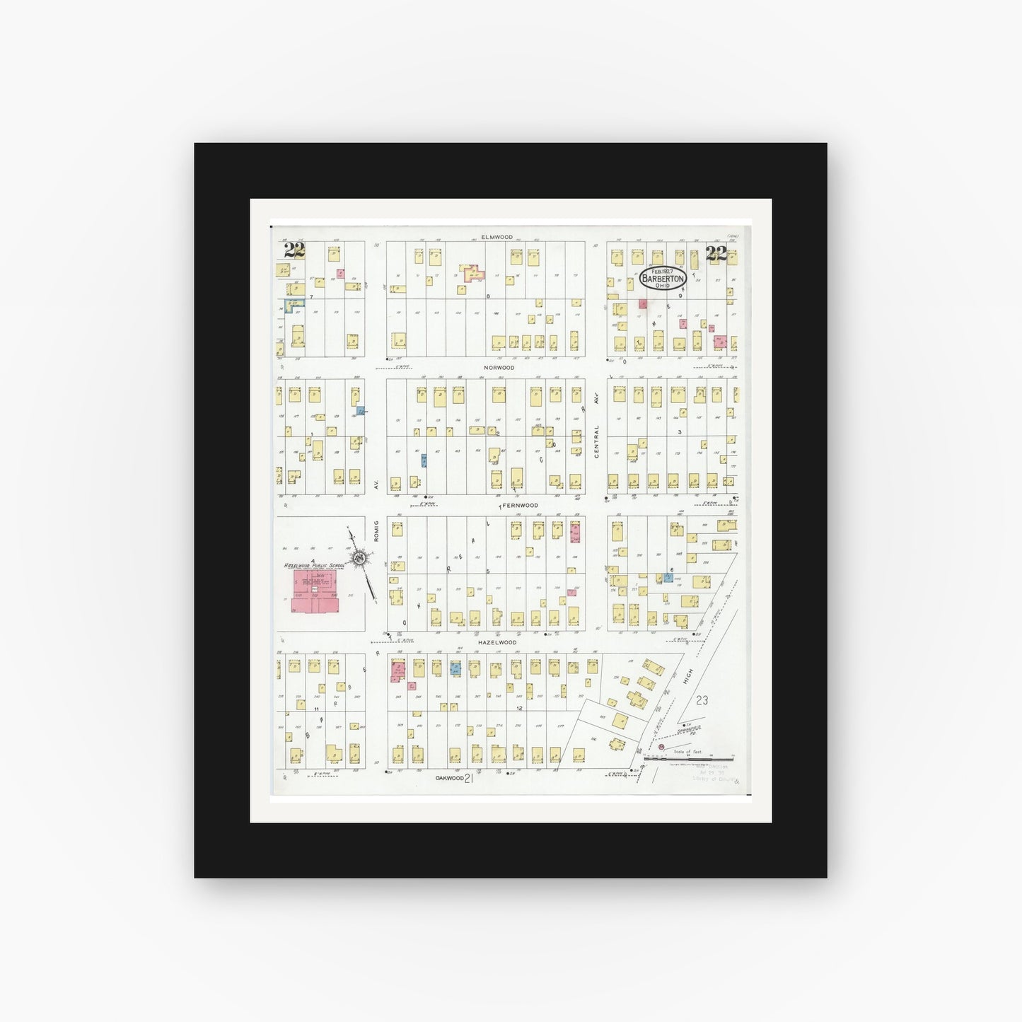 Old map wall art mockup — black gallery frame with white mat — Sanborn Fire Insurance Map from Barberton, Summit County, Ohio (1927), Sheet #0022
