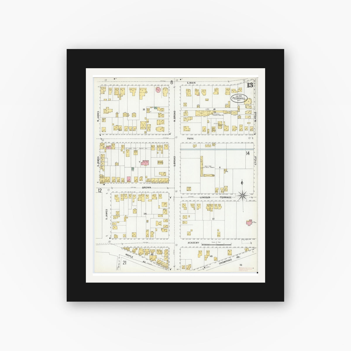 Old map wall art mockup — black gallery frame with white mat — Sanborn Fire Insurance Map from Peekskill, Westchester County, New York (1900), Sheet #0013