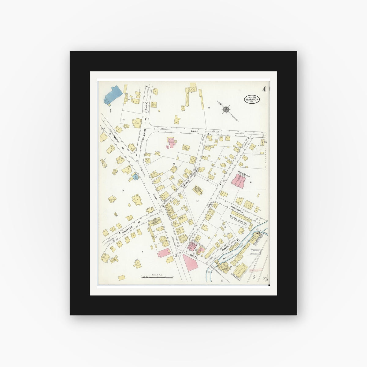 Old map wall art mockup — black gallery frame with white mat — Sanborn Fire Insurance Map from Warwick, Orange County, New York (1910), Sheet #0004