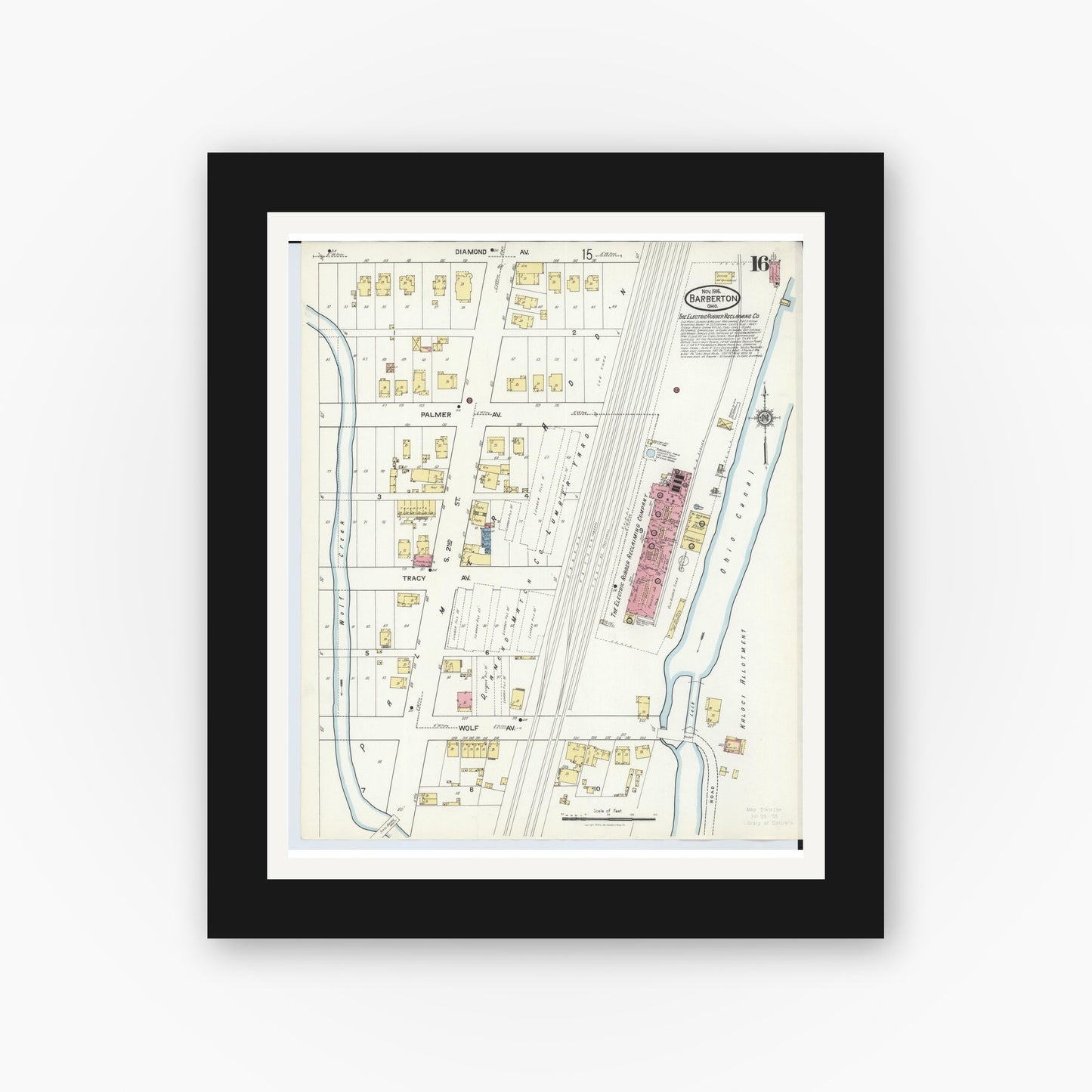 Old map wall art mockup — black gallery frame with white mat — Sanborn Fire Insurance Map from Barberton, Summit County, Ohio (1916), Sheet #0016