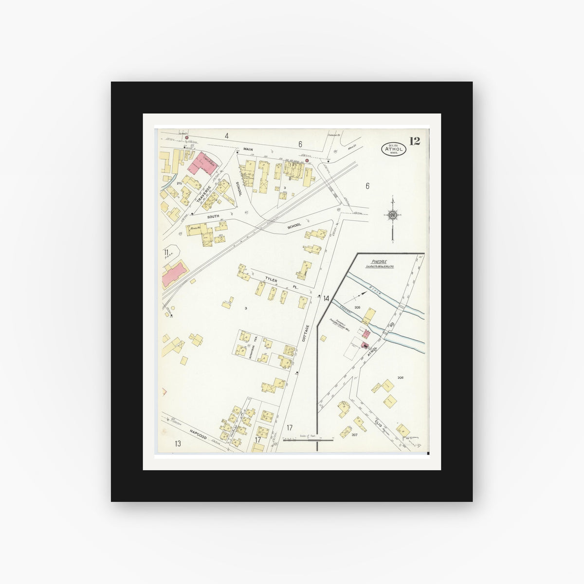 Old map wall art mockup — black gallery frame with white mat — Sanborn Fire Insurance Map from Athol, Worcester County, Massachusetts (1911), Sheet #0012
