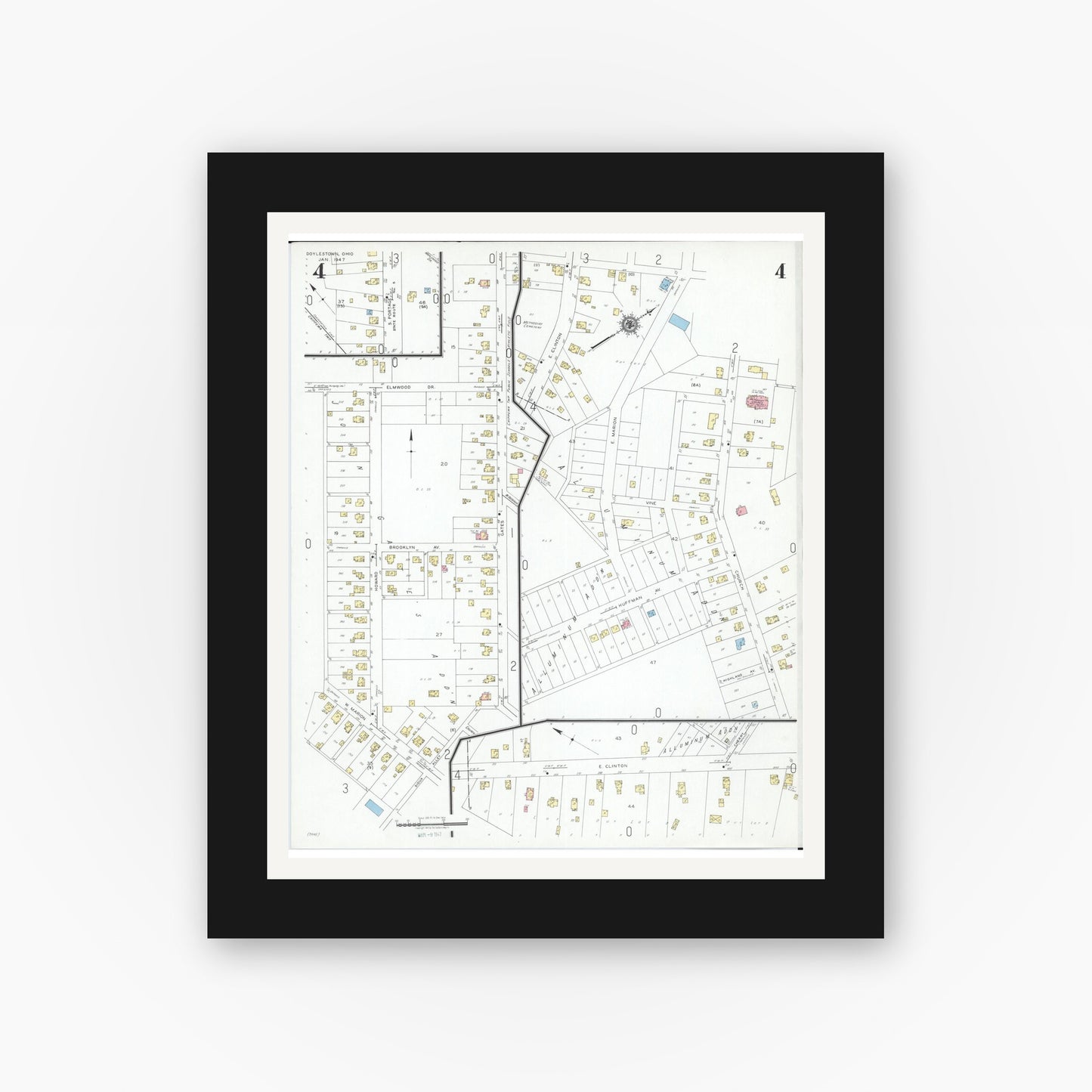 Old map wall art mockup — black gallery frame with white mat — Sanborn Fire Insurance Map from Doylestown, Wayne County, Ohio (1947), Sheet #0004