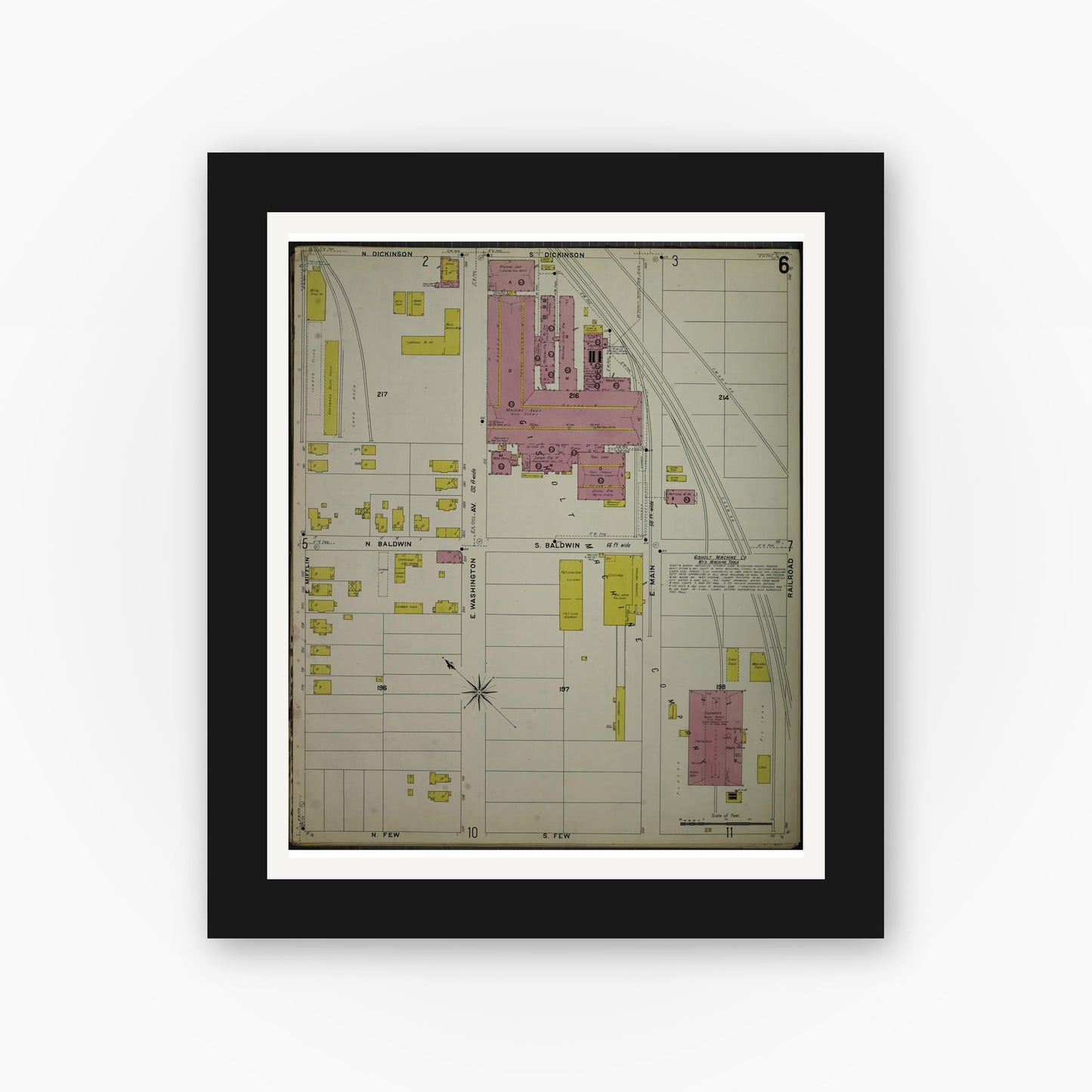 Old map wall art mockup — black gallery frame with white mat — Sanborn Fire Insurance Map from Madison, Dane County, Wisconsin (1908), Sheet #0006