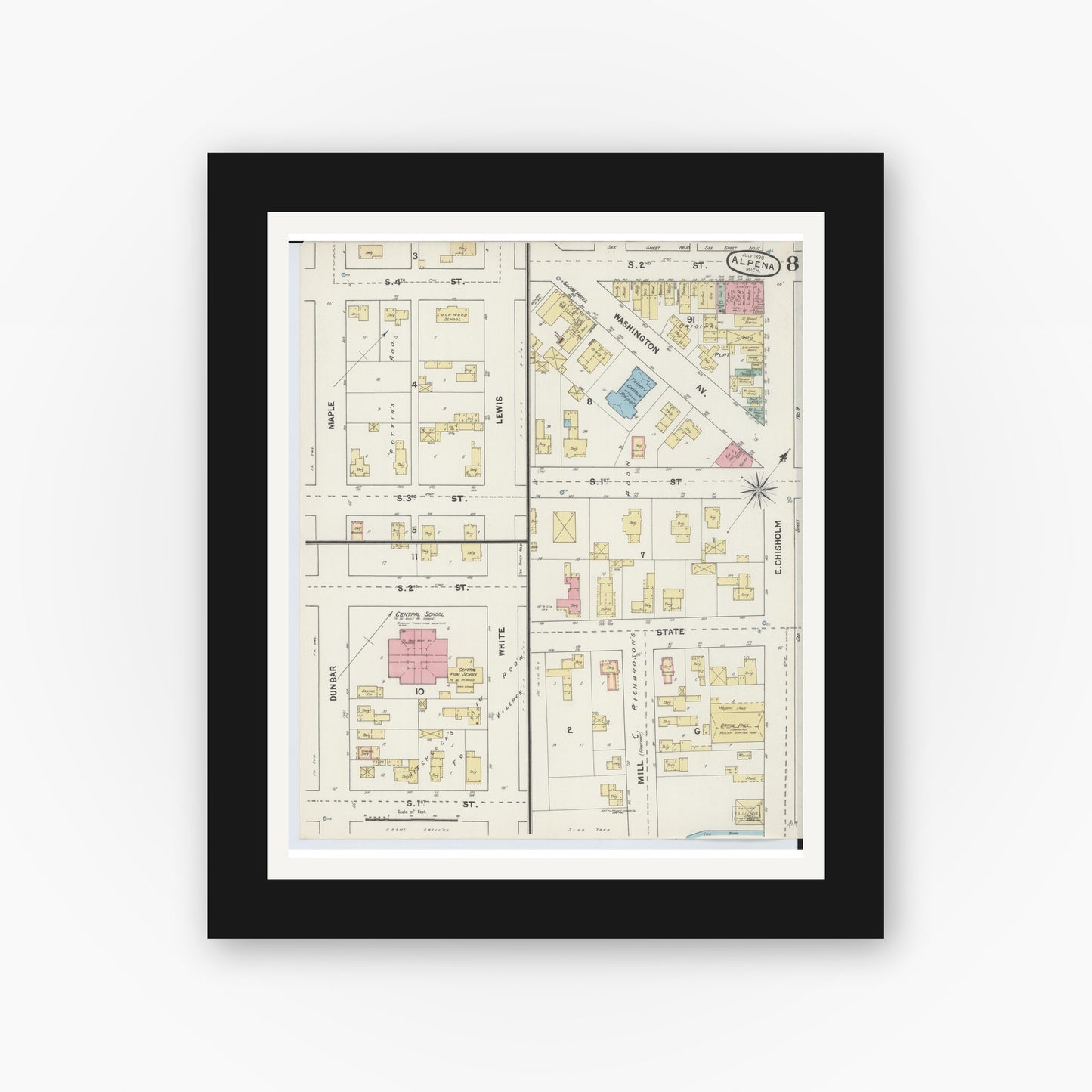 Old map wall art mockup — black gallery frame with white mat — Sanborn Fire Insurance Map from Alpena, Alpena County, Michigan (1890), Sheet #0008
