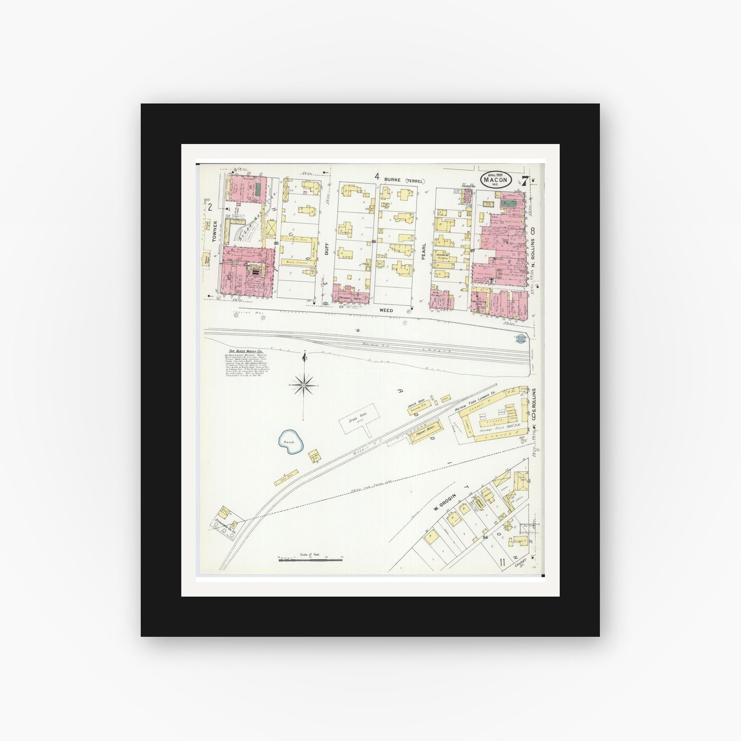 Old map wall art mockup — black gallery frame with white mat — Sanborn Fire Insurance Map from Macon, Macon County, Missouri (1909), Sheet #0007