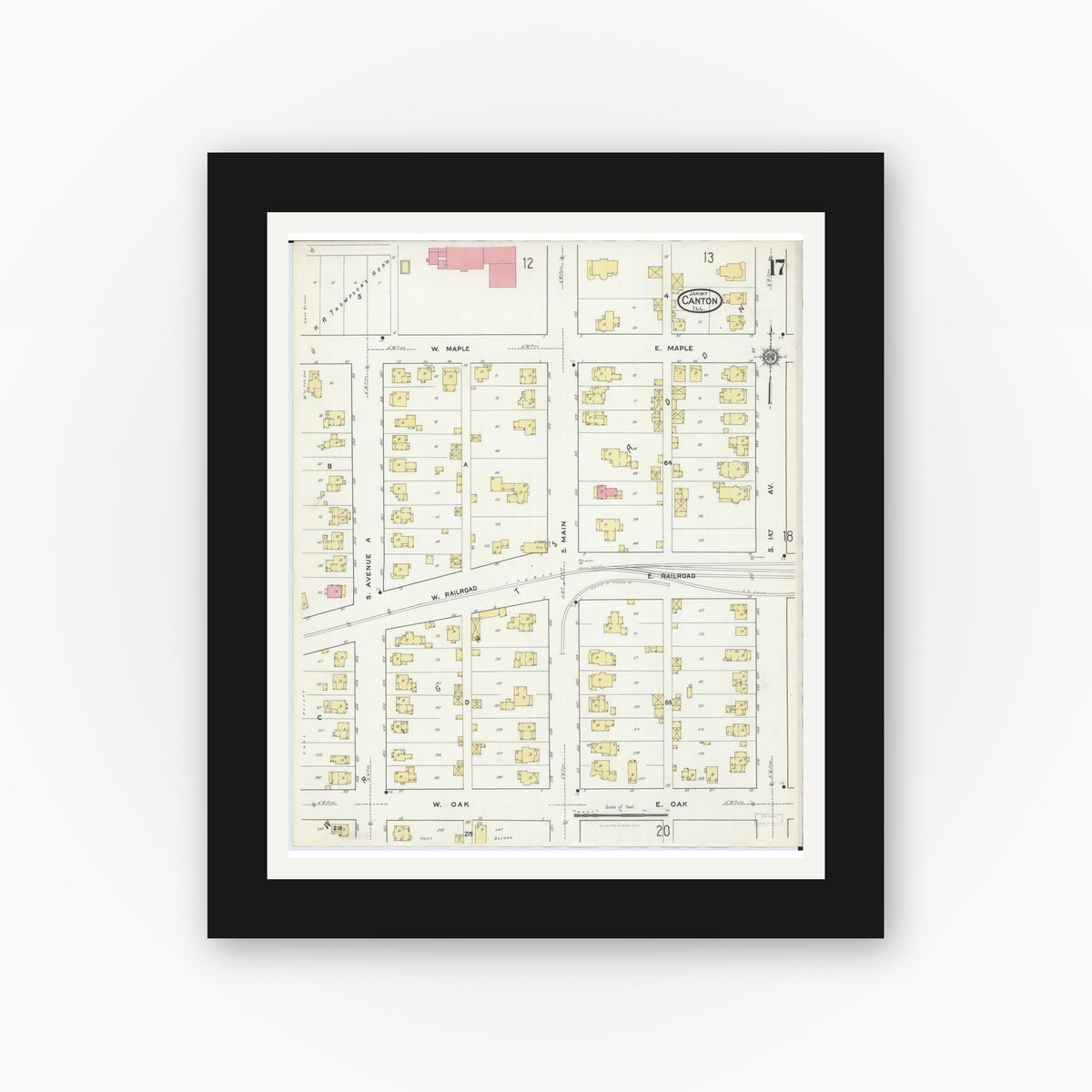 Old map wall art mockup — black gallery frame with white mat — Sanborn Fire Insurance Map from Canton, Fulton County, Illinois (1917), Sheet #0017