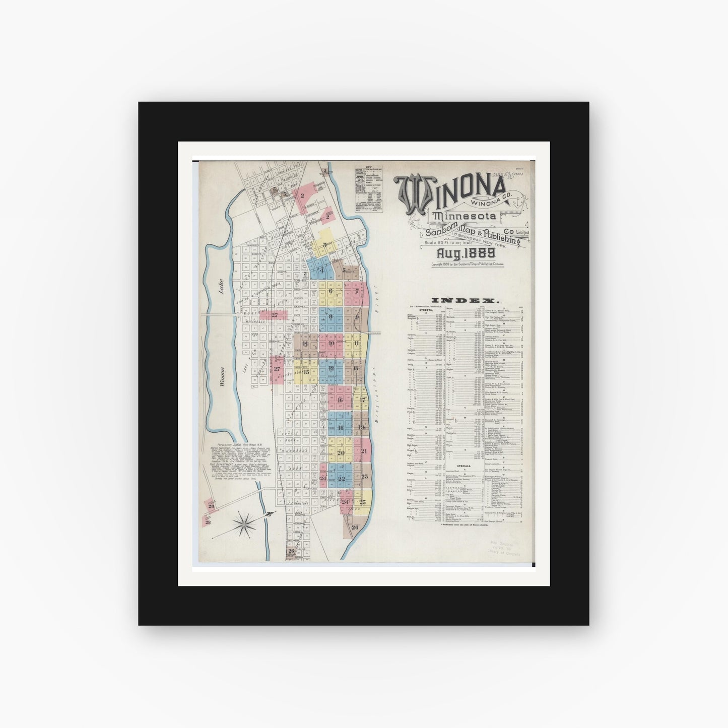 Old map wall art mockup — black gallery frame with white mat — Sanborn Fire Insurance Map from Winona, Winona County, Minnesota (1889) - Complete Map Set