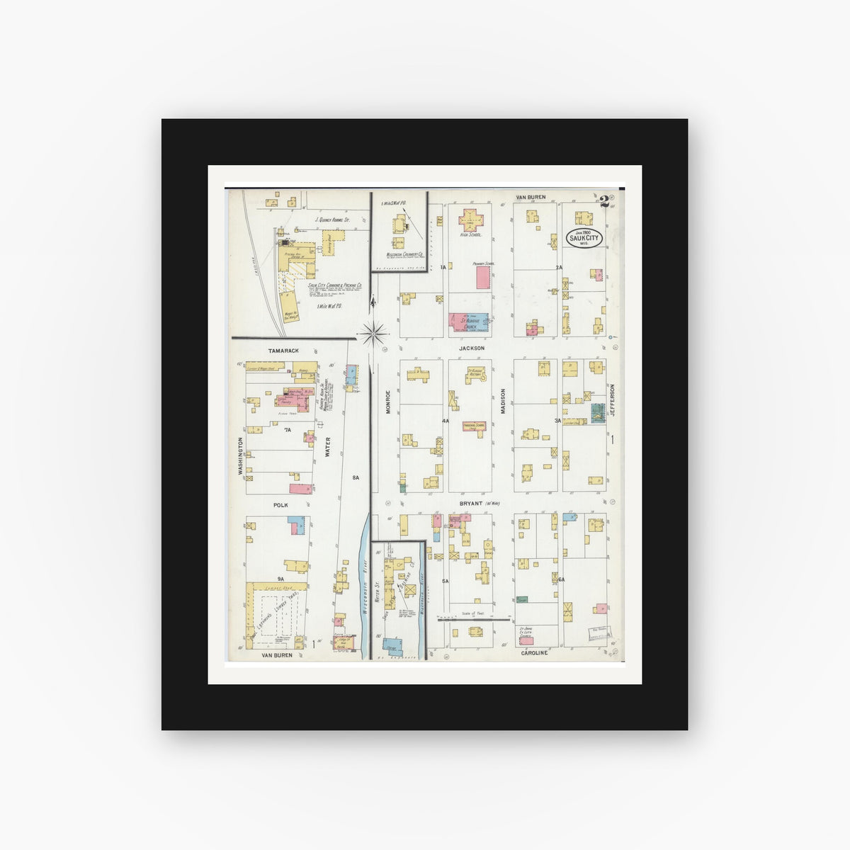 Old map wall art mockup — black gallery frame with white mat — Sanborn Fire Insurance Map from Sauk City, Sauk County, Wisconsin (1900), Sheet #0002