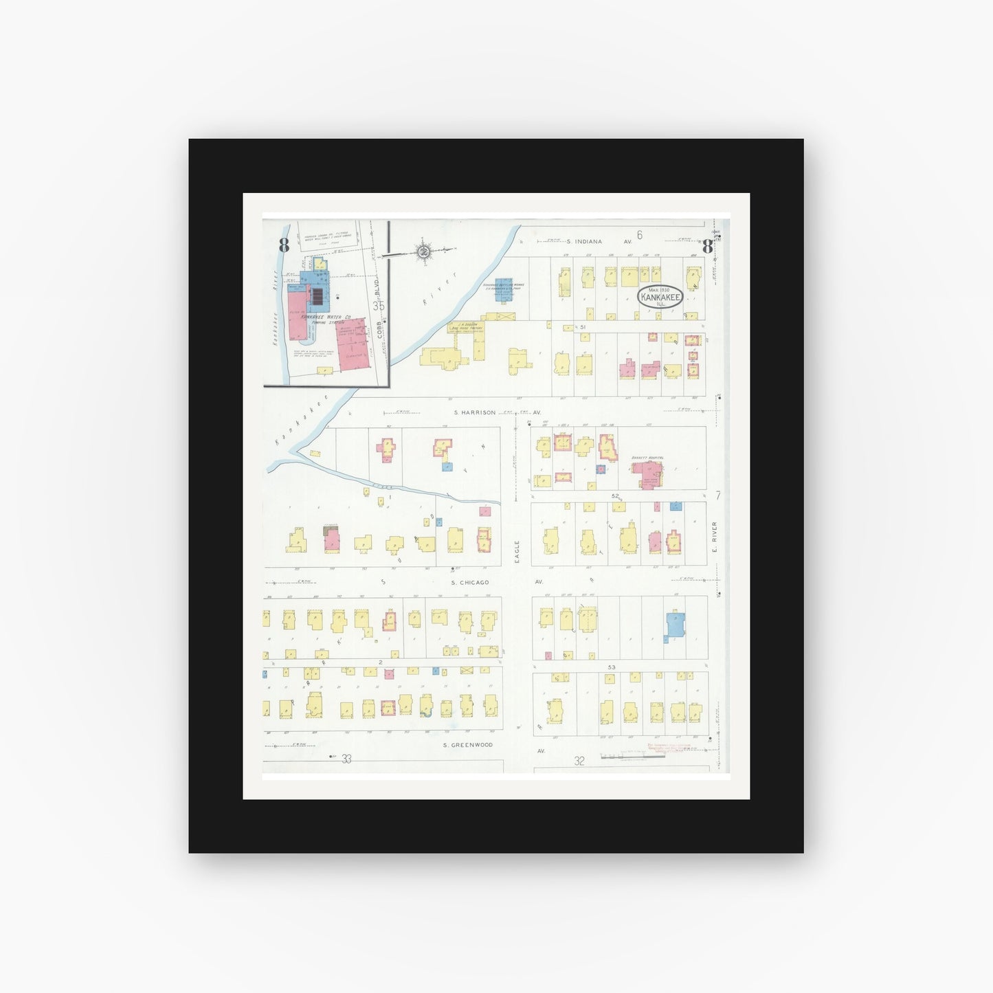 Old map wall art mockup — black gallery frame with white mat — Sanborn Fire Insurance Map from Kankakee, Kankakee County, Illinois (1930), Sheet #0008
