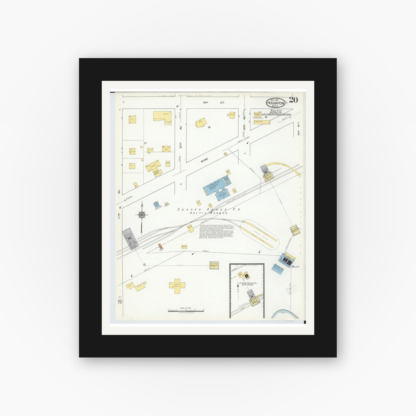 Old map wall art mockup — black gallery frame with white mat — Sanborn Fire Insurance Map from Houghton, Houghton County, Michigan (1917), Sheet #0020