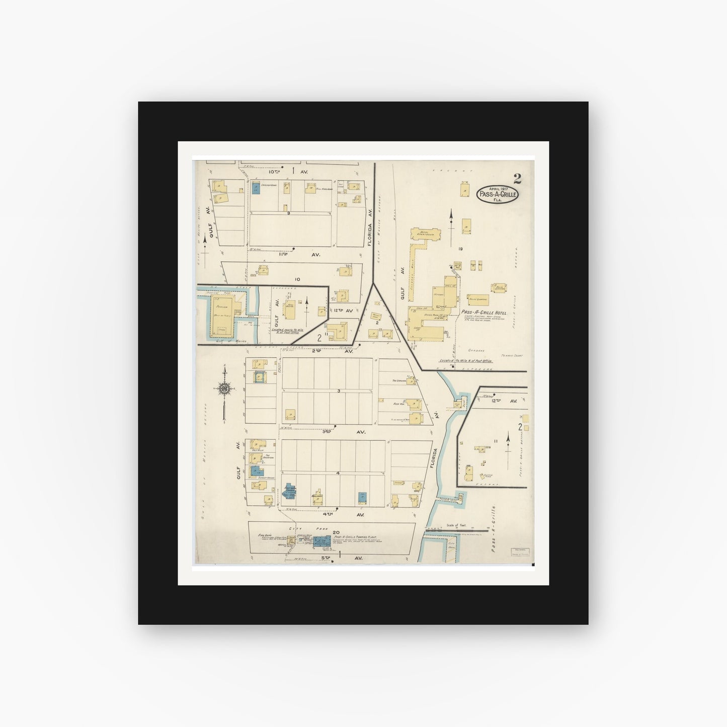 Old map wall art mockup — black gallery frame with white mat — Sanborn Fire Insurance Map from Pass-a-Grille, Pinellas County, Florida (1917), Sheet #0002