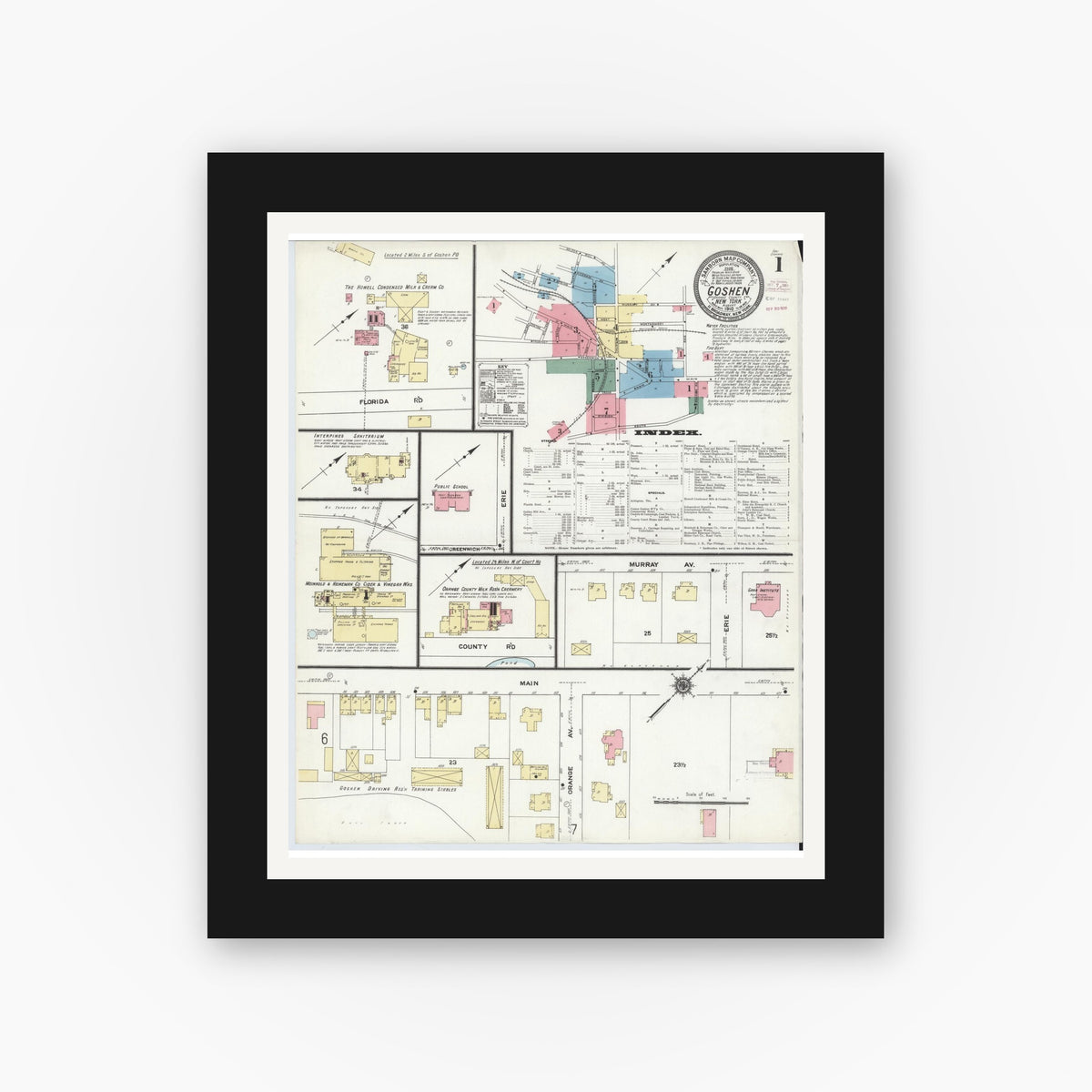 Old map wall art mockup — black gallery frame with white mat — Sanborn Fire Insurance Map from Goshen, Orange County, New York (1910) - Complete Map Set