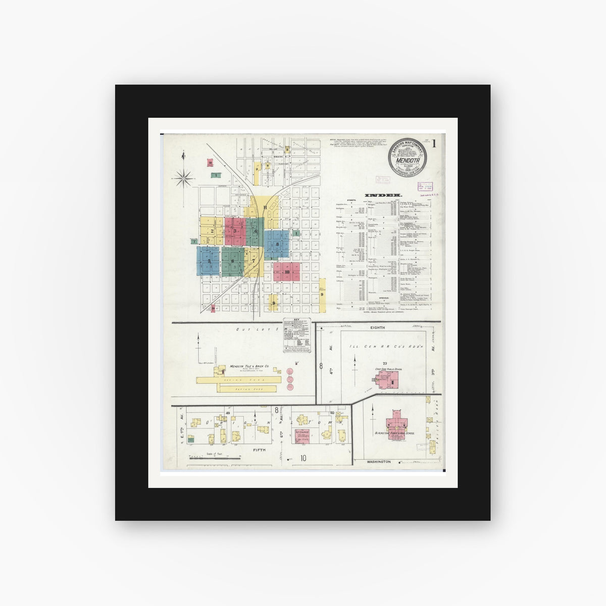 Old map wall art mockup — black gallery frame with white mat — Sanborn Fire Insurance Map from Mendota, La Salle County, Illinois (1909) - Complete Map Set