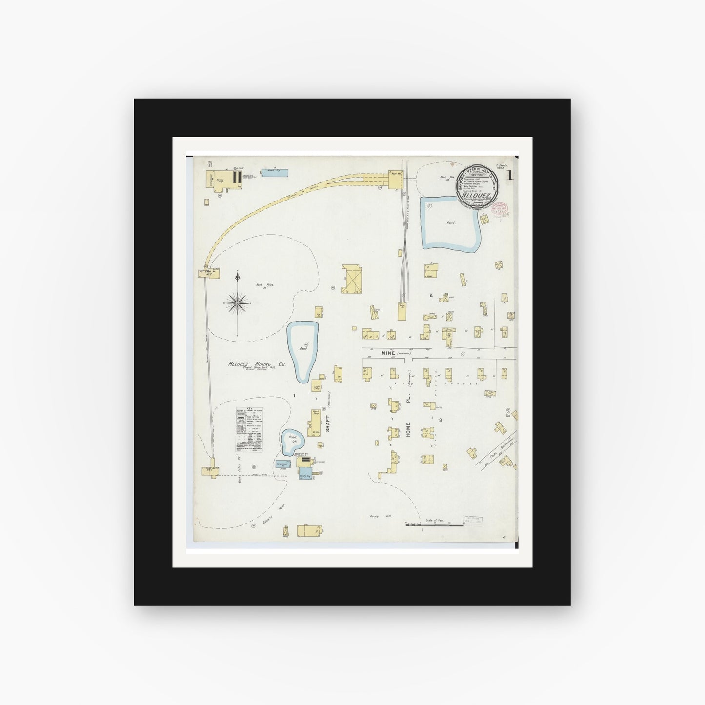 Old map wall art mockup — black gallery frame with white mat — Sanborn Fire Insurance Map from Allouez, Keweenaw And Houghton Counties, Michigan (1895), Sheet #0001