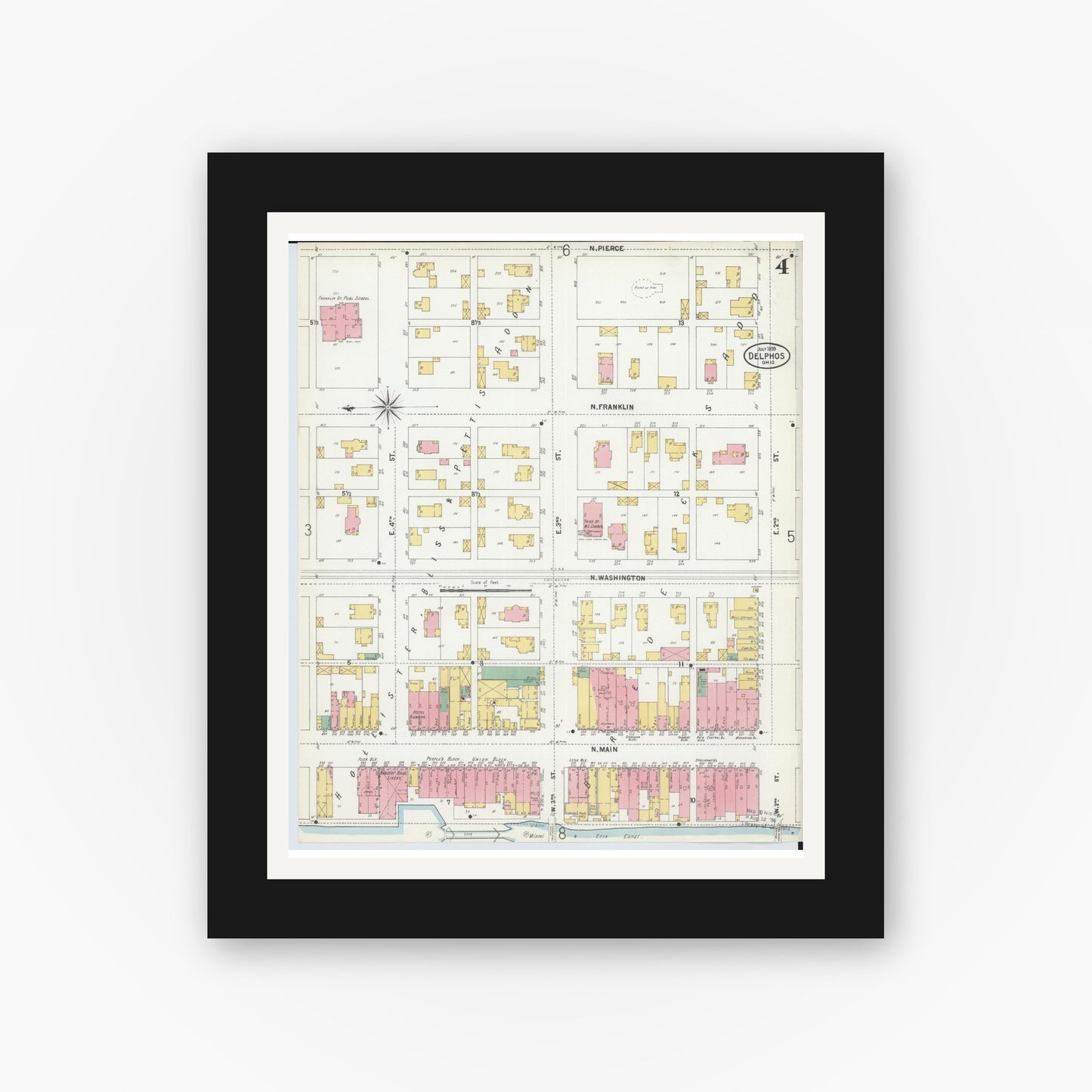 Old map wall art mockup — black gallery frame with white mat — Sanborn Fire Insurance Map from Delphos, Van Wert And Allen Counties, Ohio (1899), Sheet #0004