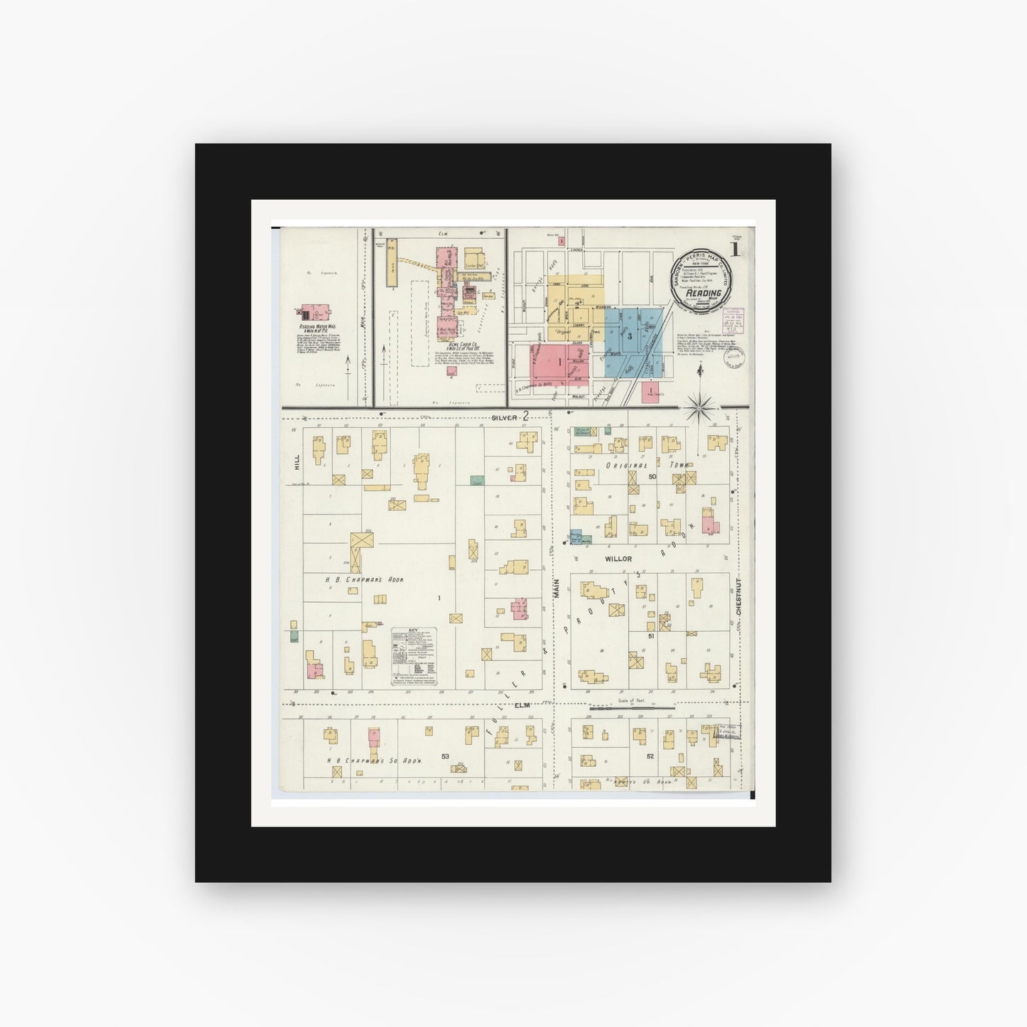 Old map wall art mockup β black gallery frame with white mat β Sanborn Fire Insurance Map from Reading, Hillsdale County, Michigan (1901) - Complete Map Set