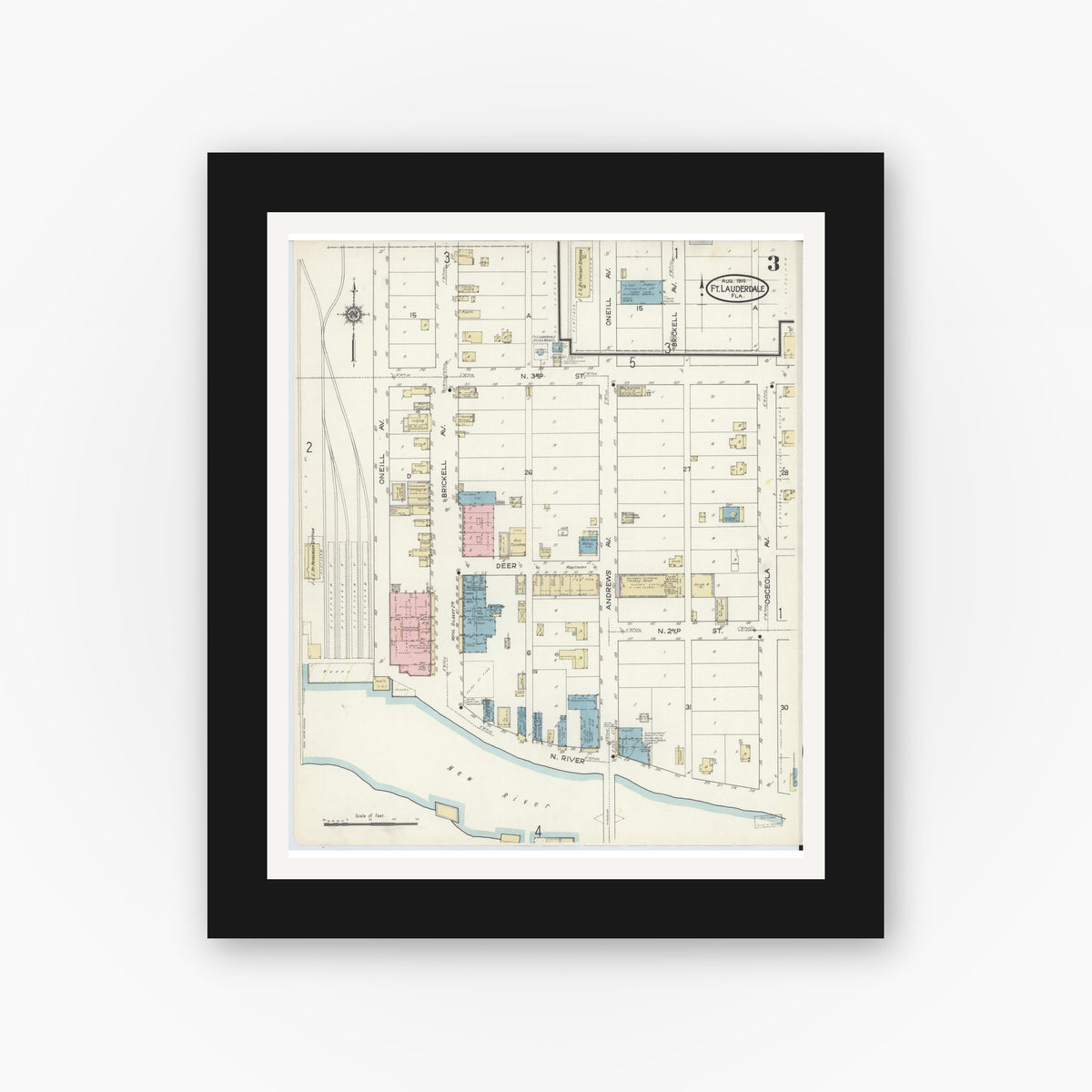 Old map wall art mockup — black gallery frame with white mat — Sanborn Fire Insurance Map from Fort Lauderdale, Broward County, Florida (1914), Sheet #0003