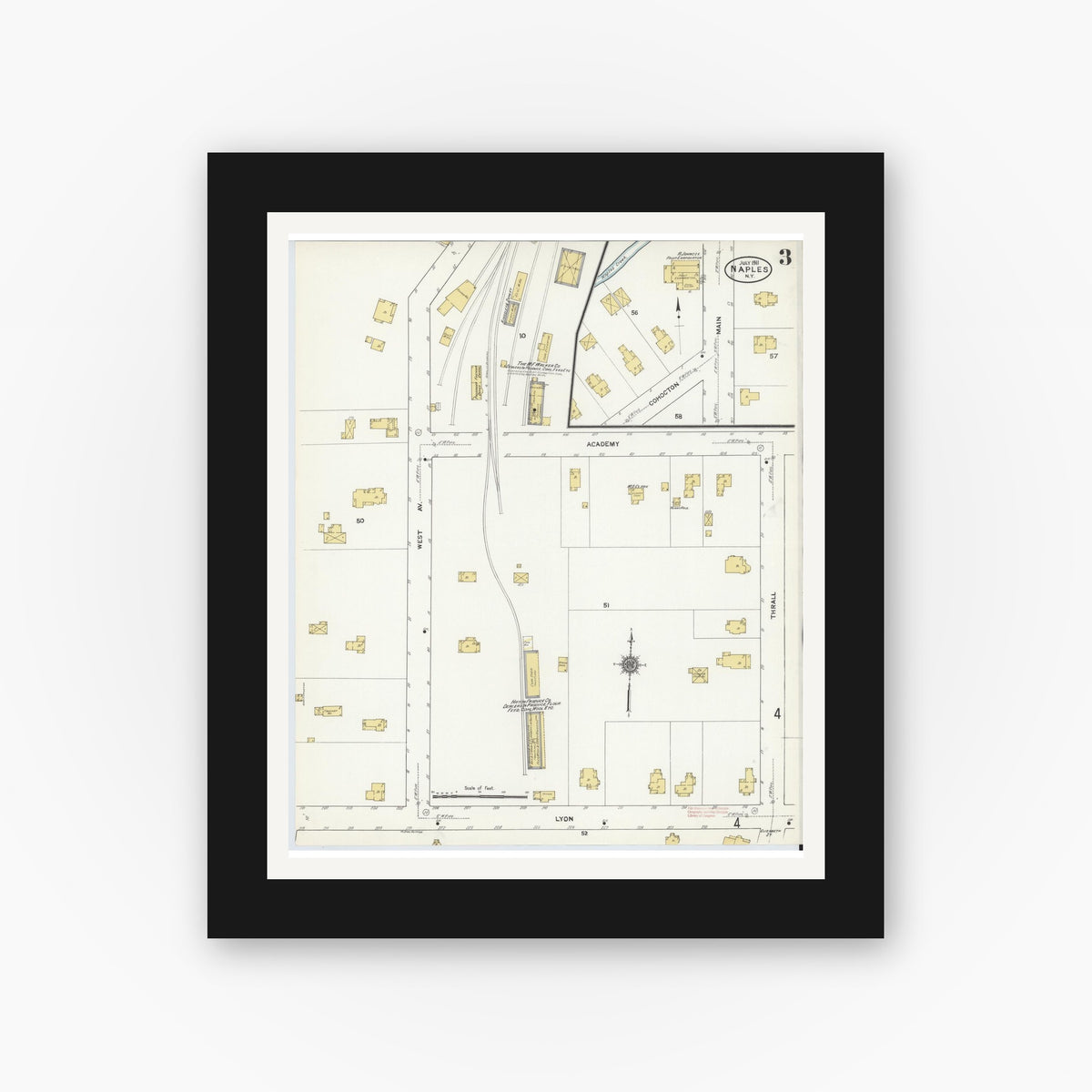Old map wall art mockup — black gallery frame with white mat — Sanborn Fire Insurance Map from Naples, Ontario County, New York (1911), Sheet #0003