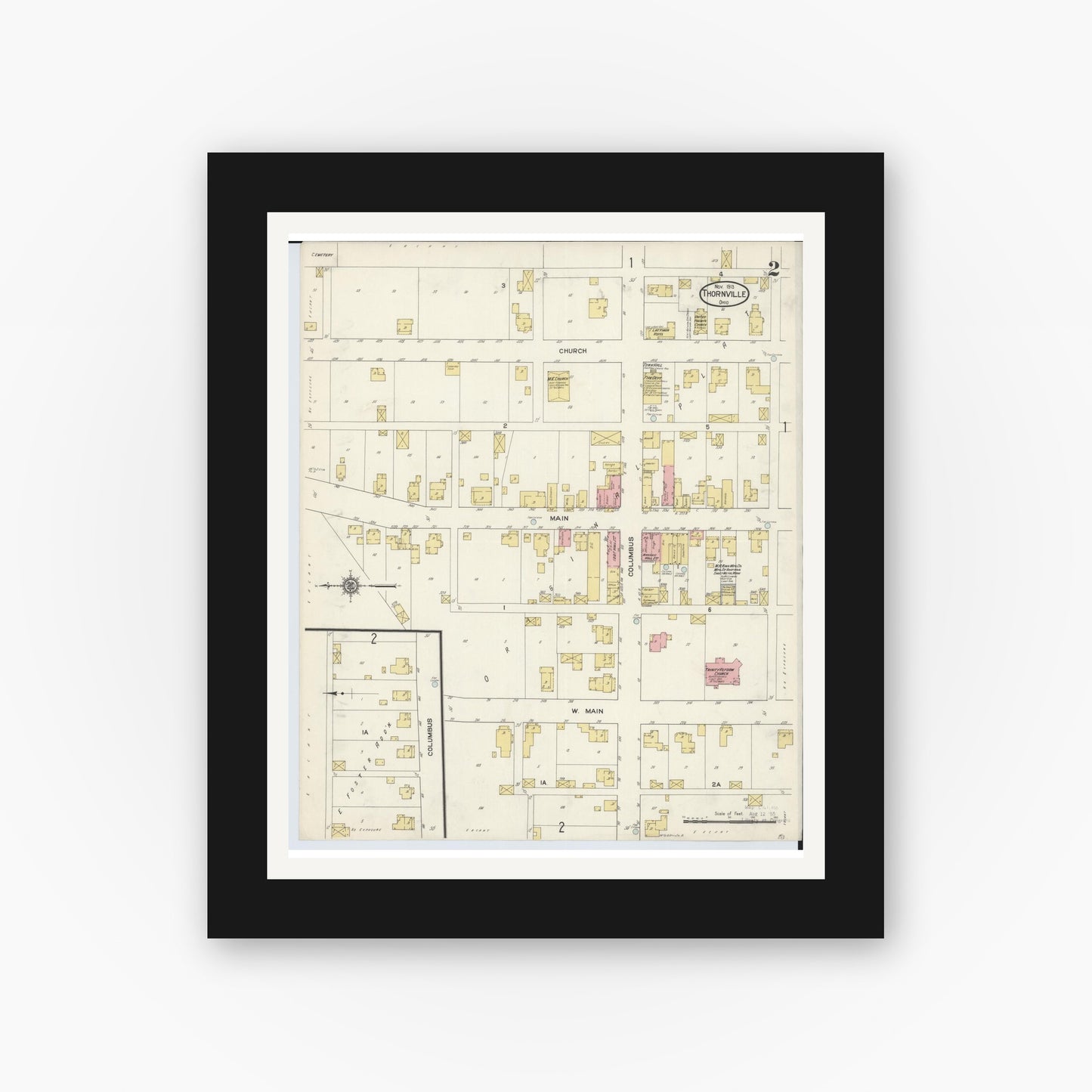 Old map wall art mockup — black gallery frame with white mat — Sanborn Fire Insurance Map from Thornville, Perry County, Ohio (1913), Sheet #0002