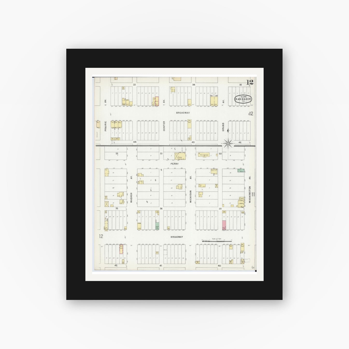 Old map wall art mockup — black gallery frame with white mat — Sanborn Fire Insurance Map from Kankakee, Kankakee County, Illinois (1896), Sheet #0012