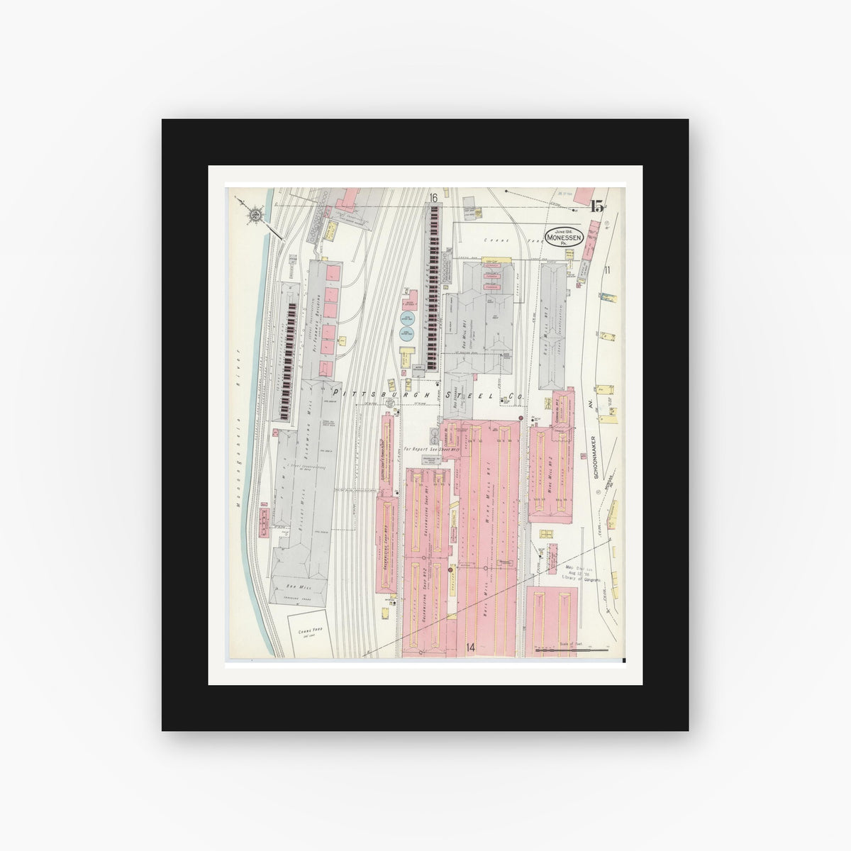 Old map wall art mockup — black gallery frame with white mat — Sanborn Fire Insurance Map from Monessen, Westmoreland County, Pennsylvania (1914), Sheet #0015