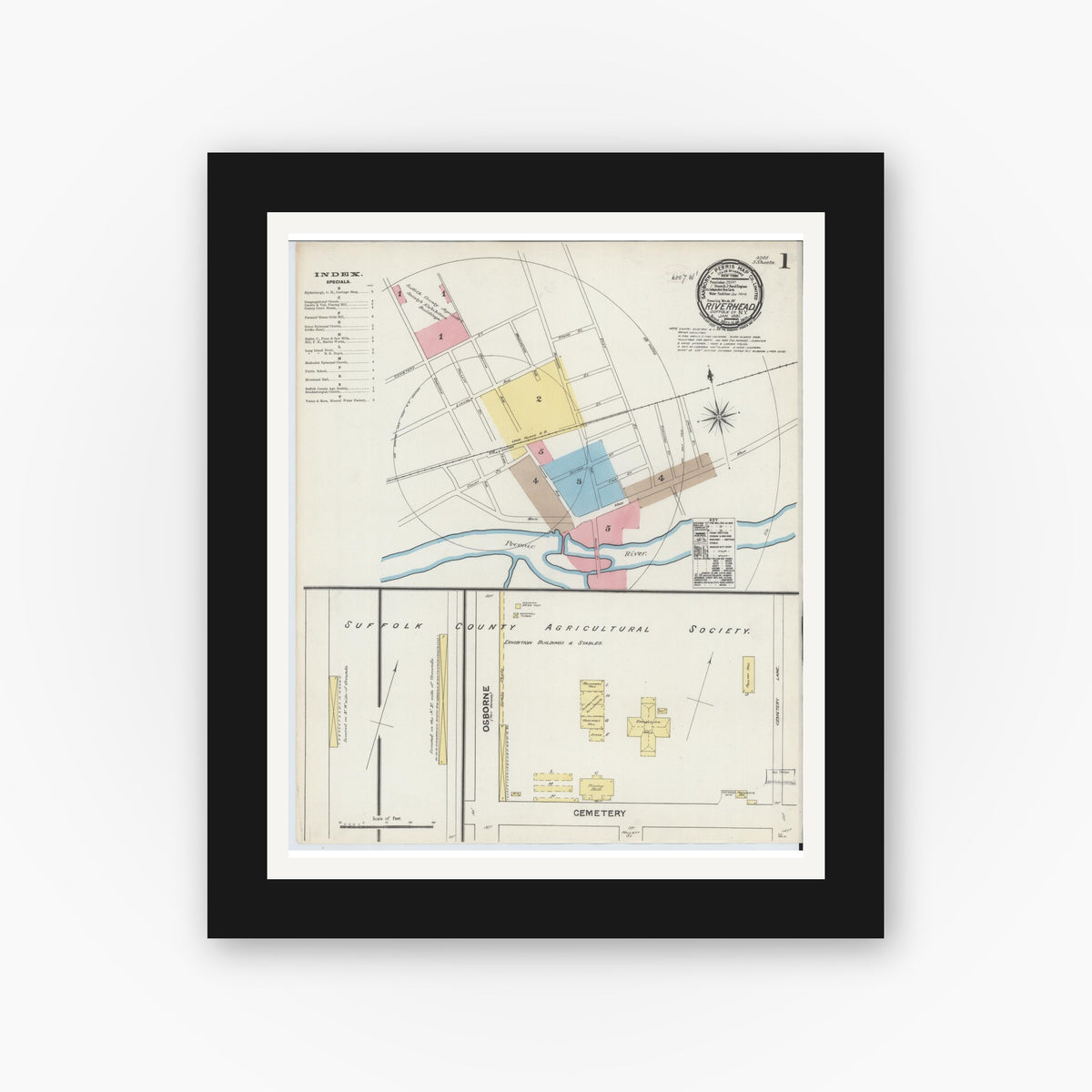 Old map wall art mockup — black gallery frame with white mat — Sanborn Fire Insurance Map from Riverhead, Suffolk County, New York (1891), Sheet #0001