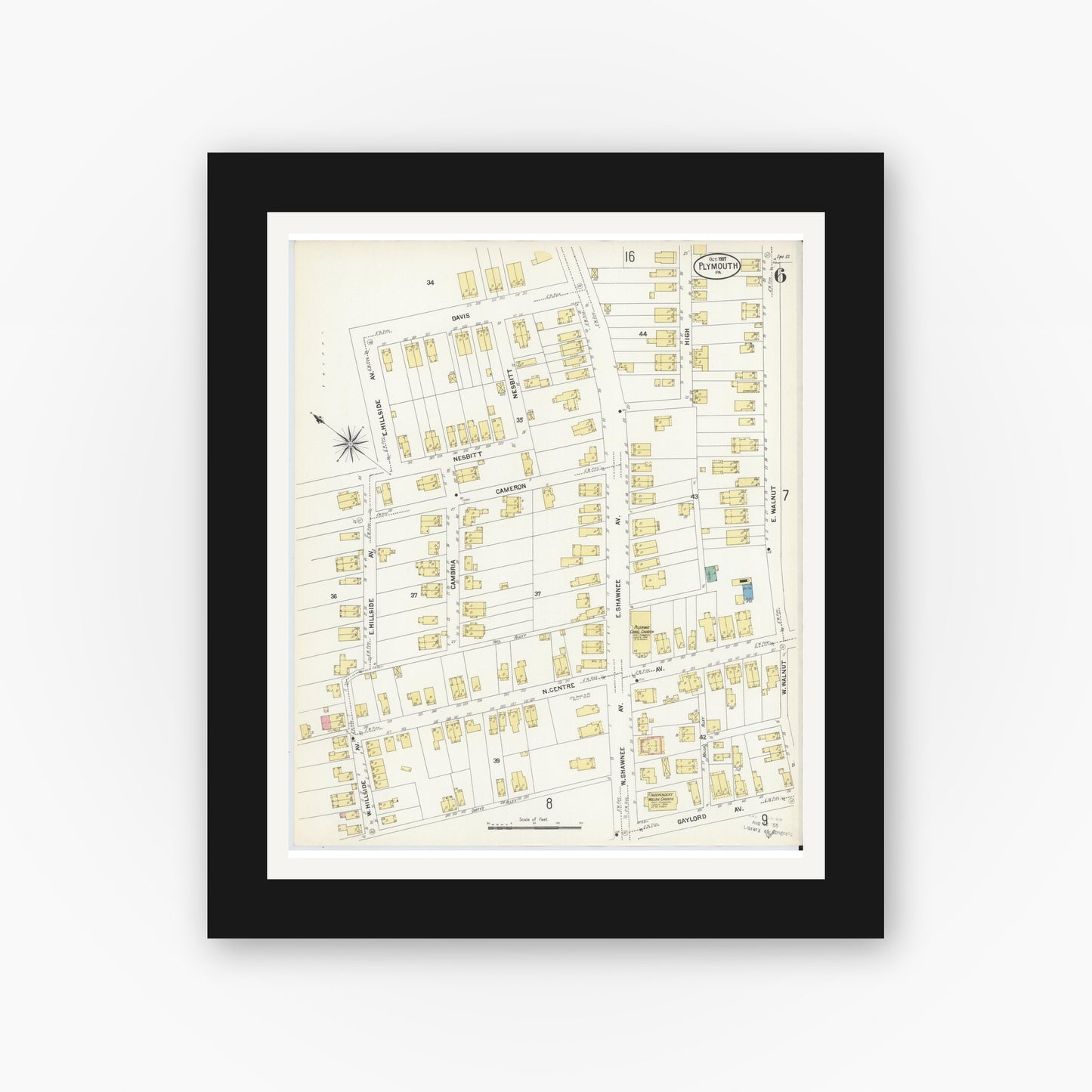 Old map wall art mockup — black gallery frame with white mat — Sanborn Fire Insurance Map from Plymouth, Luzerne County, Pennsylvania (1907), Sheet #0006