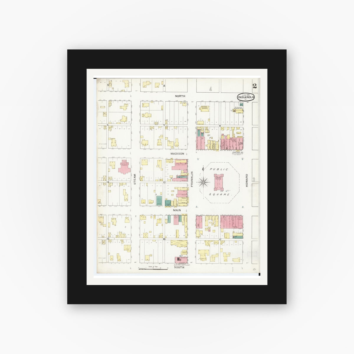 Old map wall art mockup — black gallery frame with white mat — Sanborn Fire Insurance Map from Indianola, Warren County, Iowa (1893), Sheet #0002
