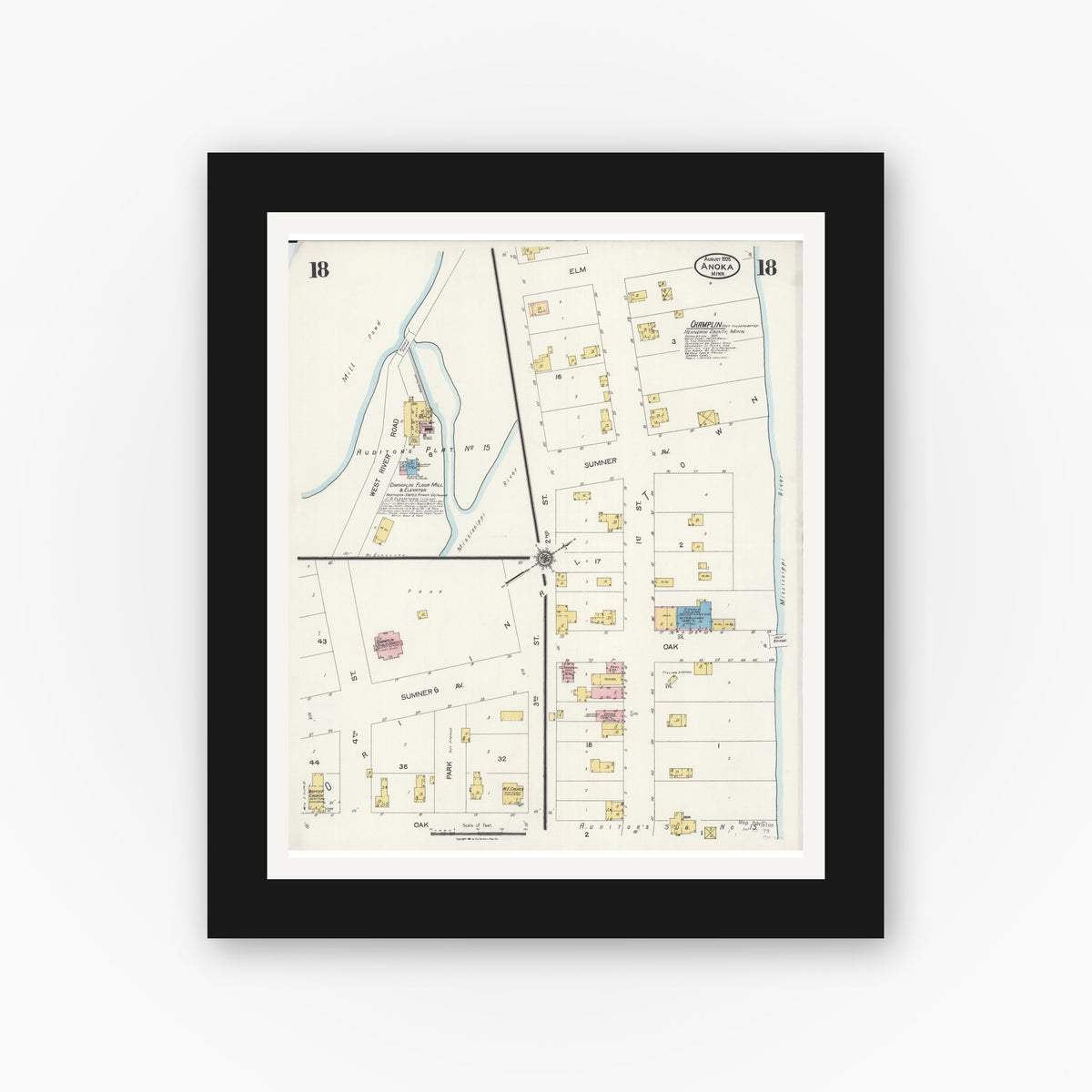 Old map wall art mockup — black gallery frame with white mat — Sanborn Fire Insurance Map from Anoka, Anoka County, Minnesota (1925), Sheet #0018