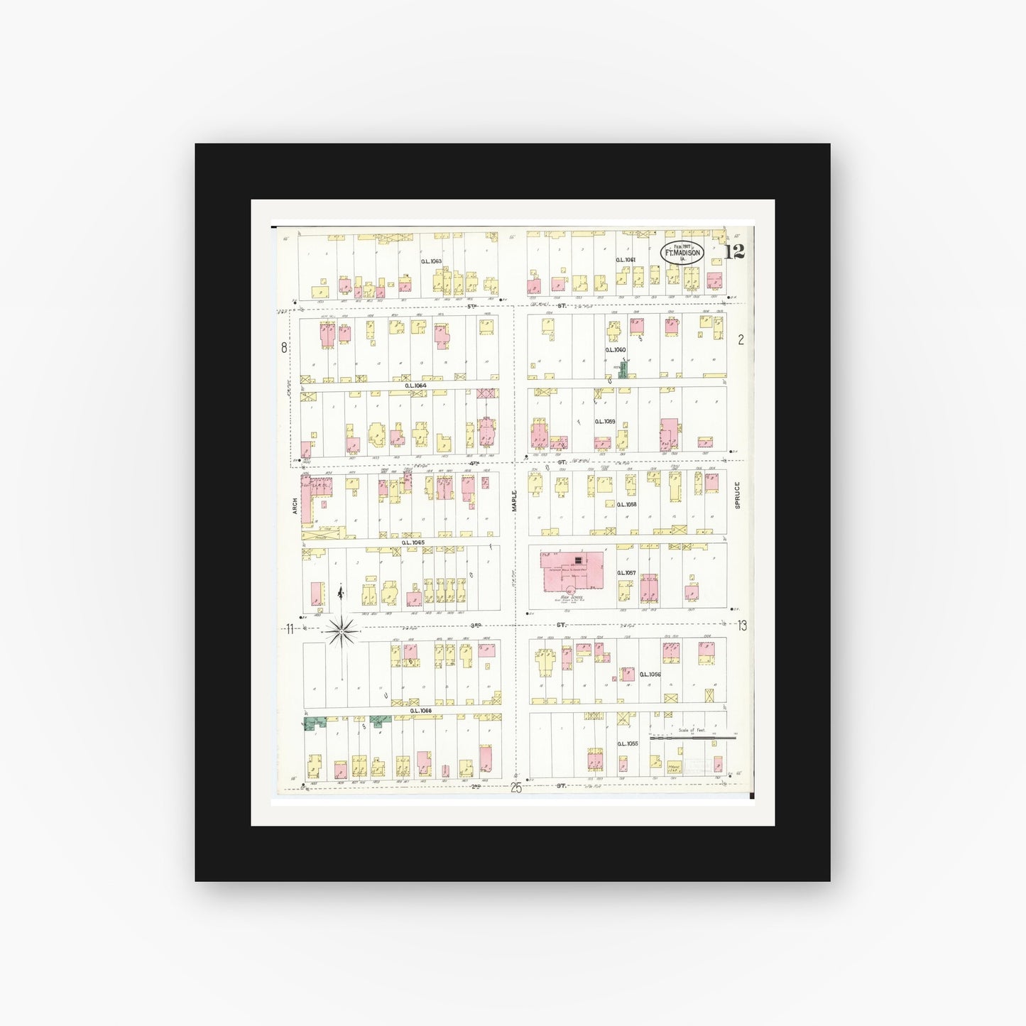Old map wall art mockup — black gallery frame with white mat — Sanborn Fire Insurance Map from Fort Madison, Lee County, Iowa (1907), Sheet #0012