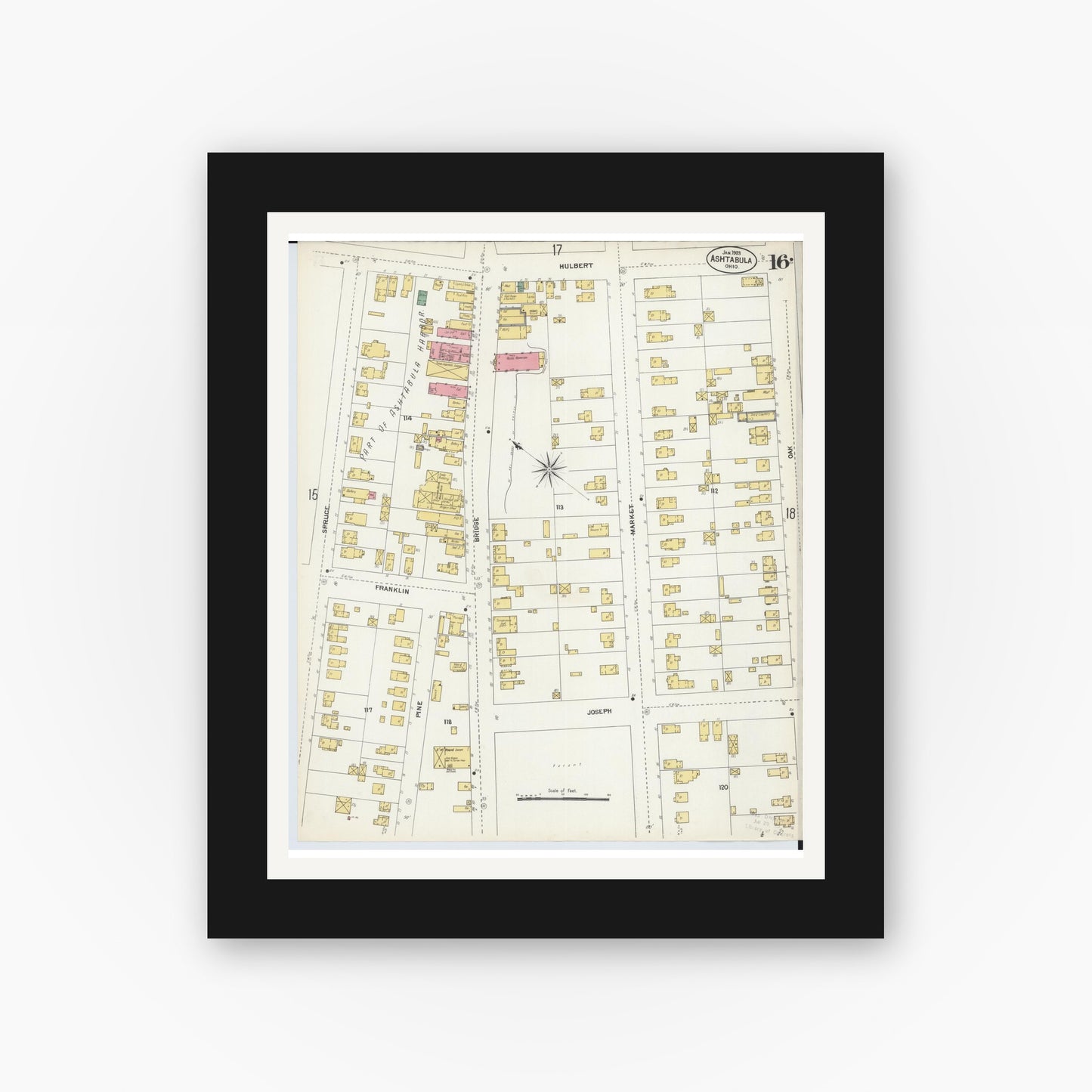 Old map wall art mockup — black gallery frame with white mat — Sanborn Fire Insurance Map from Ashtabula, Ashtabula County, Ohio (1903), Sheet #0016