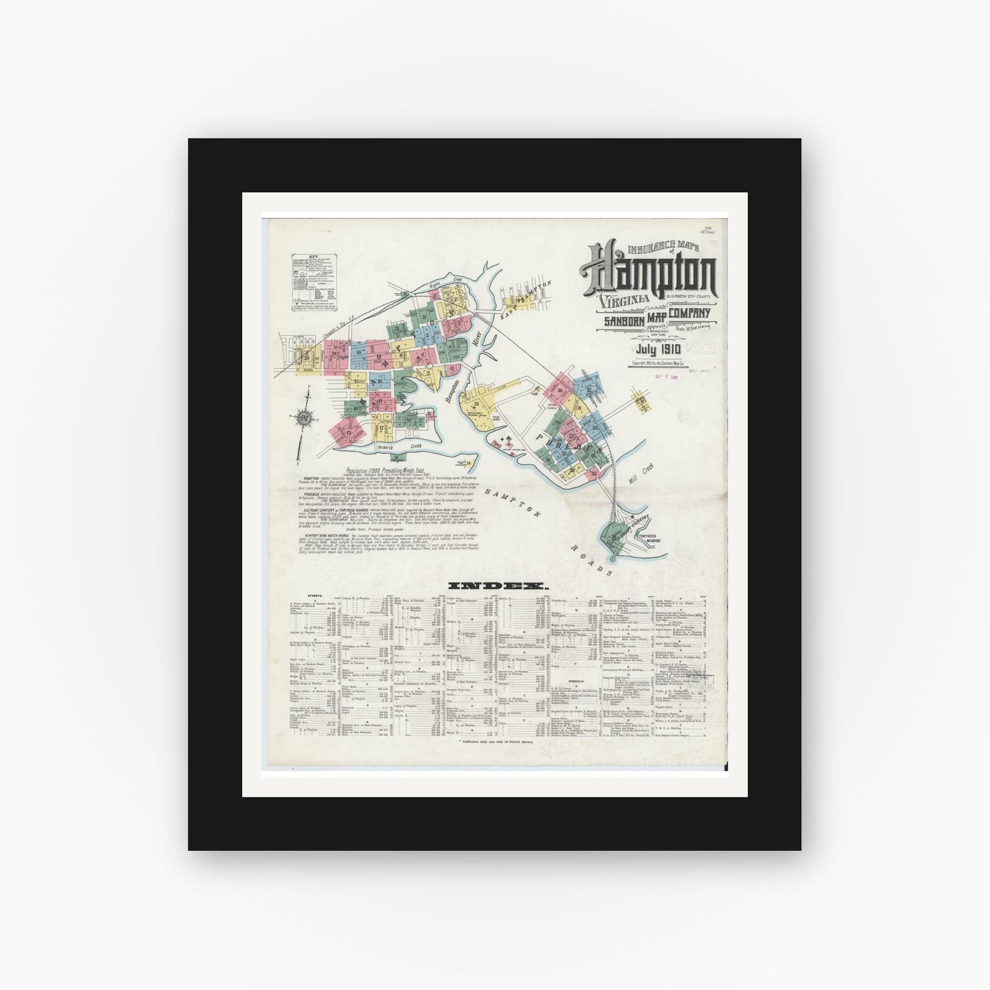 Old map wall art mockup — black gallery frame with white mat — Sanborn Fire Insurance Map from Hampton, Independent Cities, Virginia (1910) - Complete Map Set
