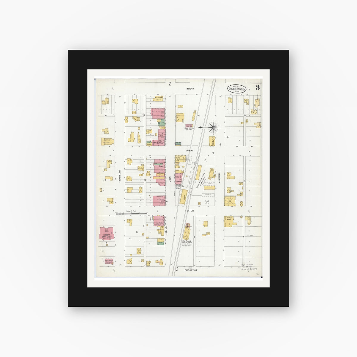 Old map wall art mockup — black gallery frame with white mat — Sanborn Fire Insurance Map from Dodge Center, Dodge County, Minnesota (1904), Sheet #0003