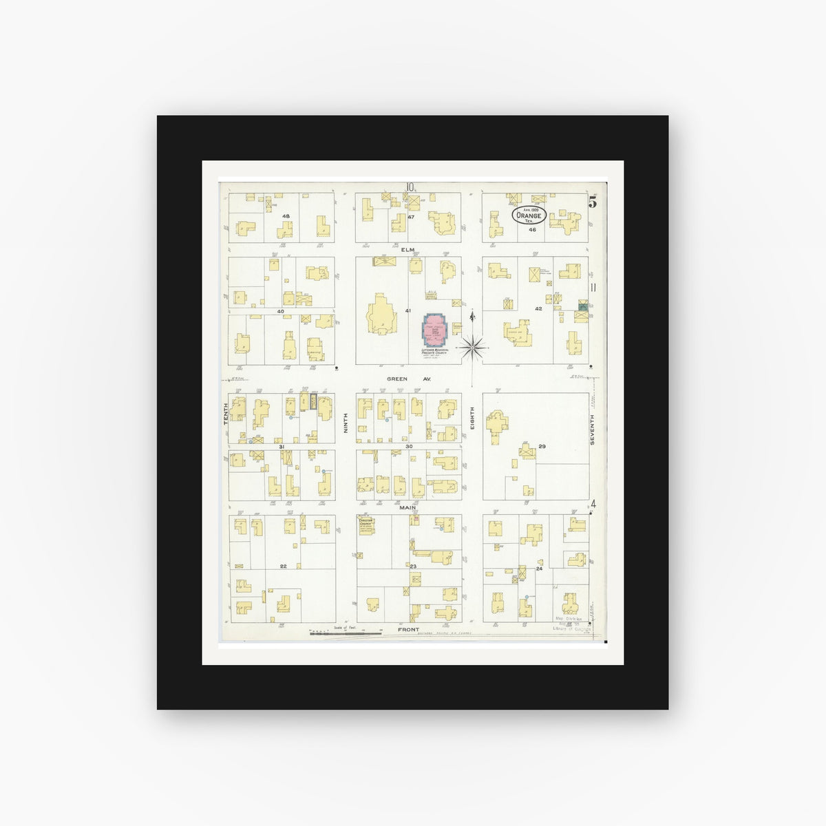 Old map wall art mockup — black gallery frame with white mat — Sanborn Fire Insurance Map from Orange, Orange County, Texas (1909), Sheet #0005