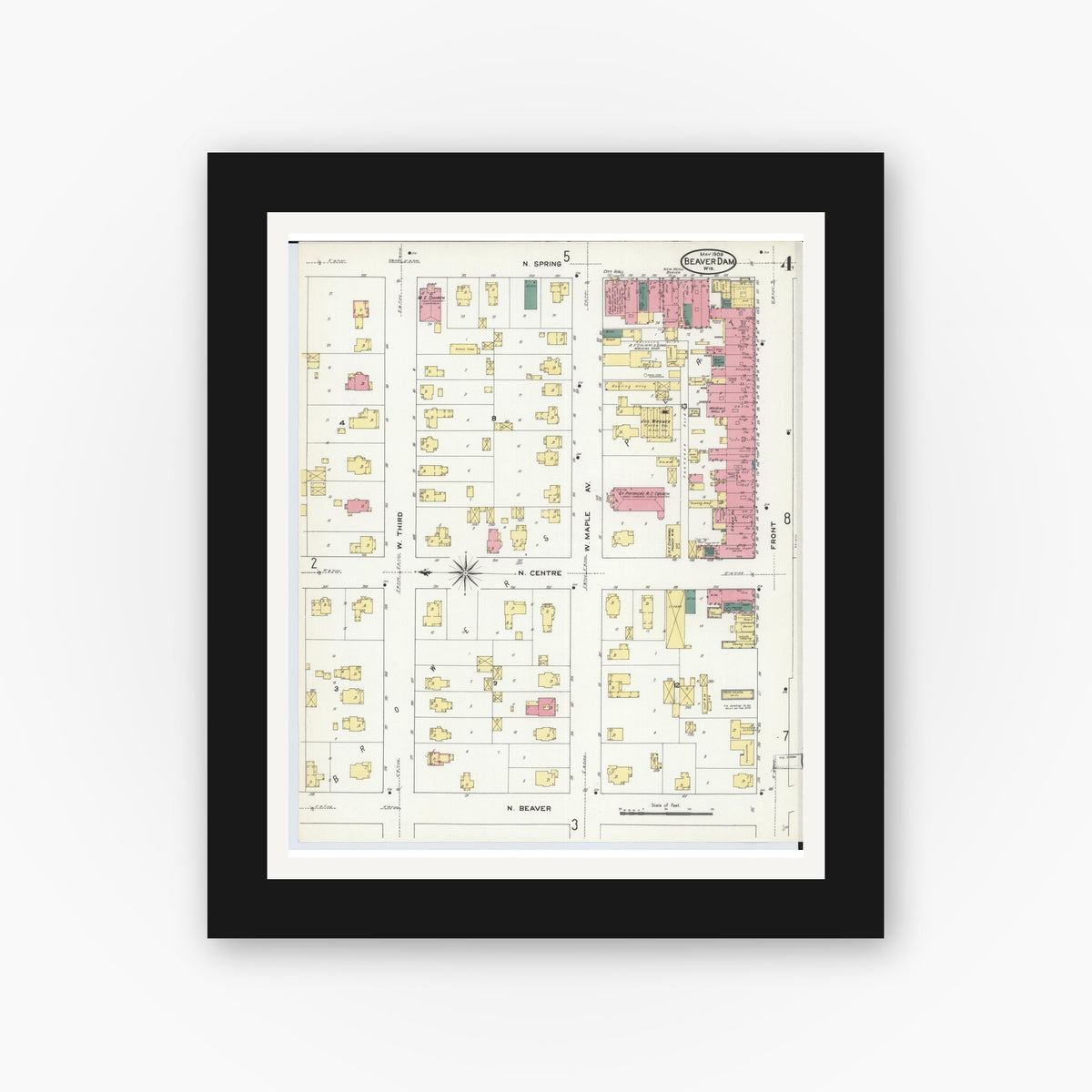 Old map wall art mockup — black gallery frame with white mat — Sanborn Fire Insurance Map from Beaver Dam, Dodge County, Wisconsin (1909), Sheet #0004