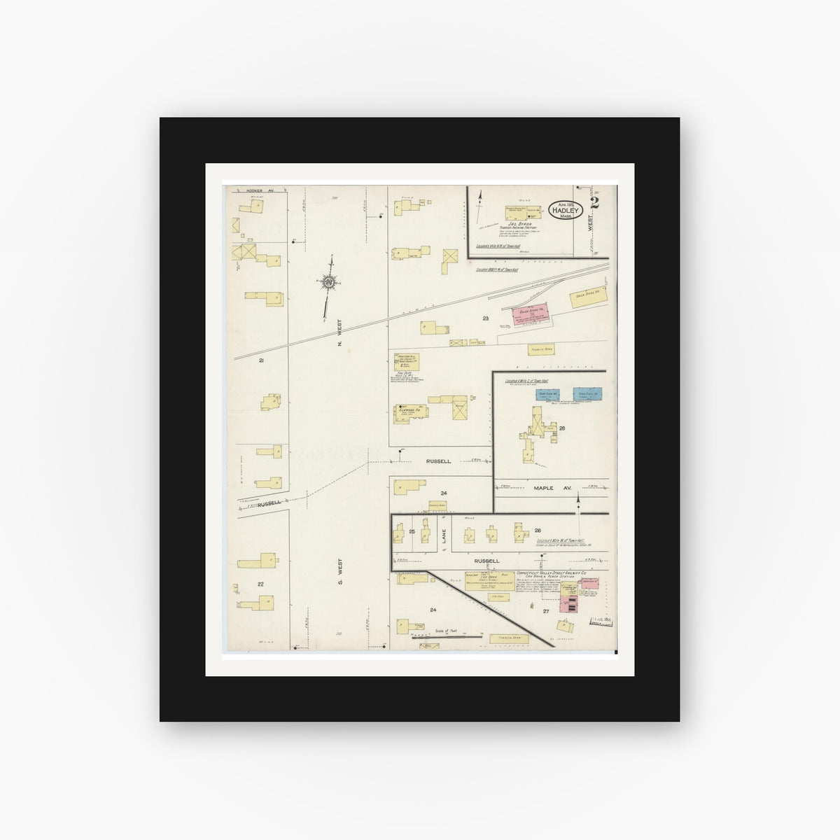 Old map wall art mockup — black gallery frame with white mat — Sanborn Fire Insurance Map from Hadley, Hampshire County, Massachusetts (1915), Sheet #0002