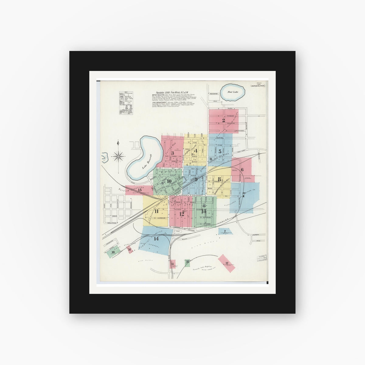 Old map wall art mockup — black gallery frame with white mat — Sanborn Fire Insurance Map from Ishpeming, Marquette County, Michigan (1897), Sheet #0001