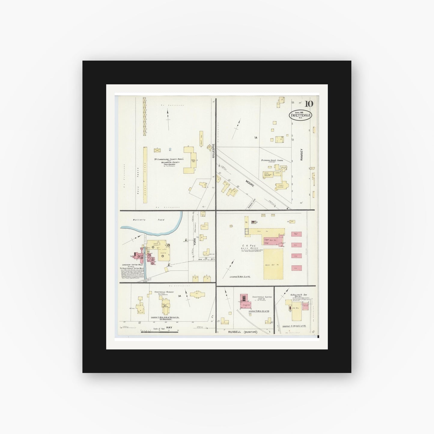 Old map wall art mockup — black gallery frame with white mat — Sanborn Fire Insurance Map from Fayetteville, Cumberland County, North Carolina (1908), Sheet #0010