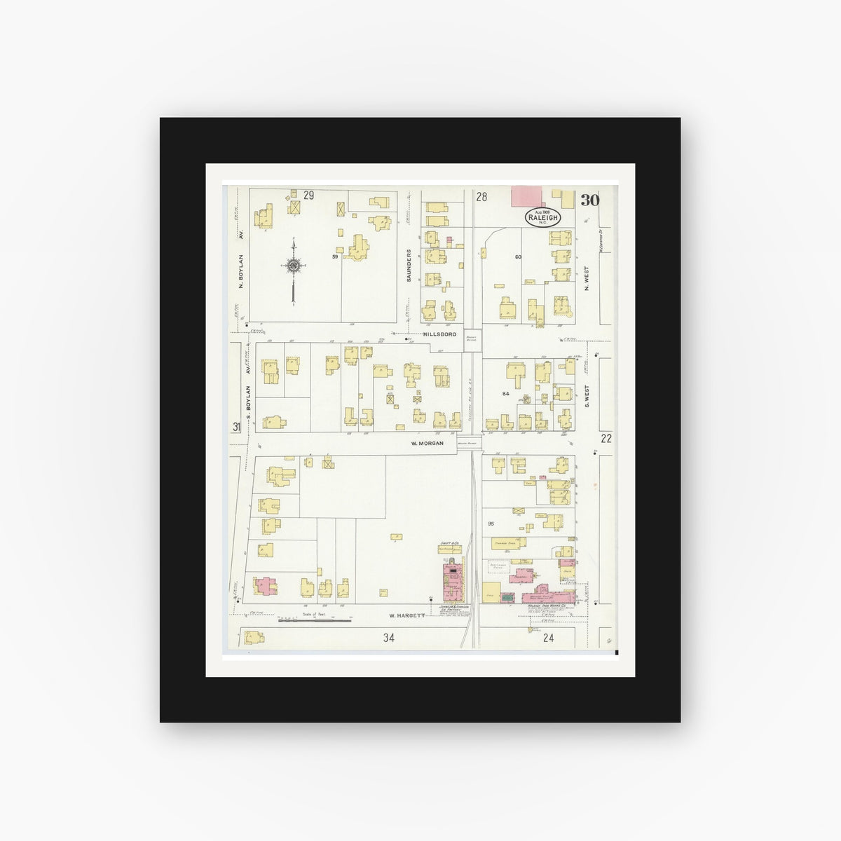 Old map wall art mockup — black gallery frame with white mat — Sanborn Fire Insurance Map from Raleigh, Wake County, North Carolina (1909), Sheet #0030