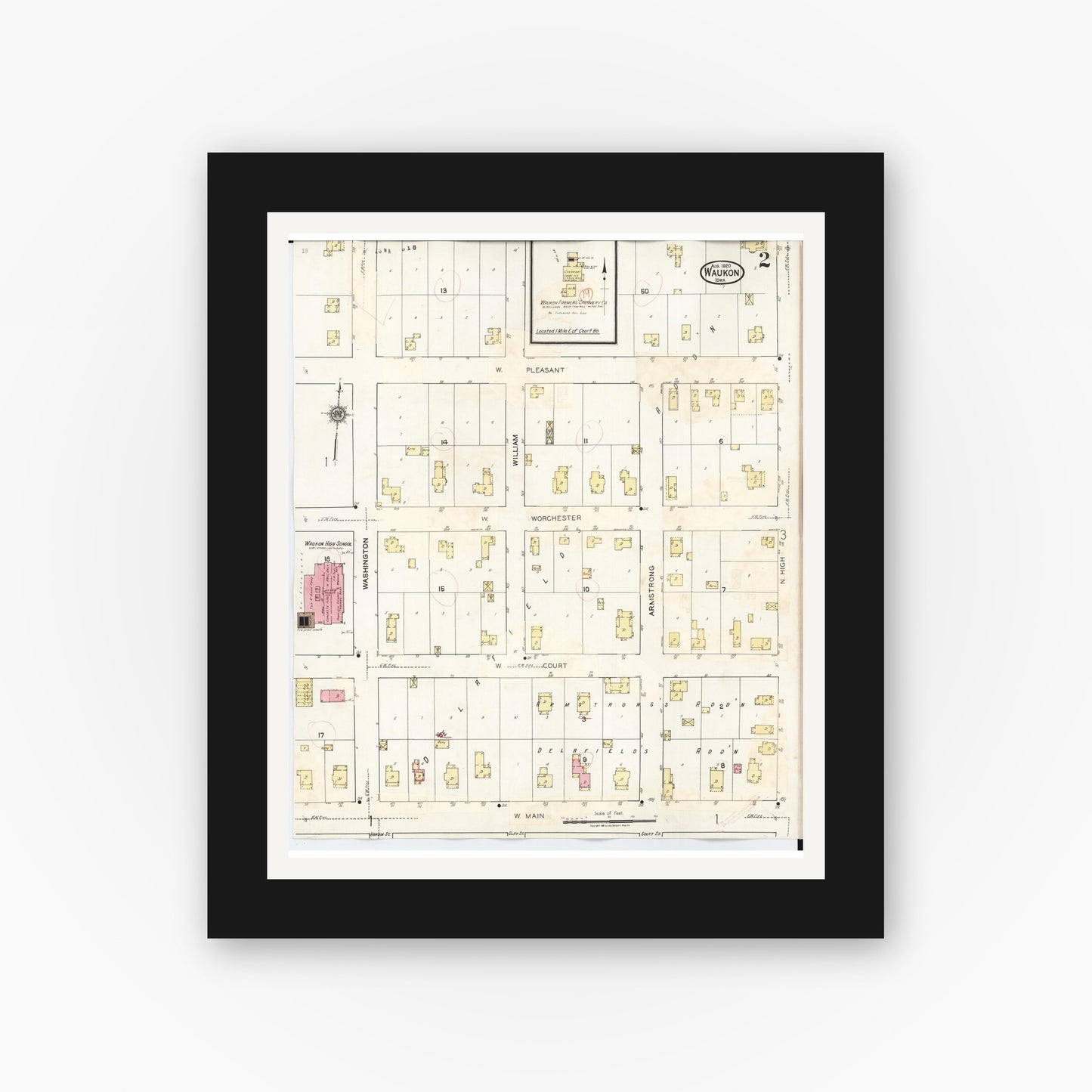 Old map wall art mockup — black gallery frame with white mat — Sanborn Fire Insurance Map from Waukon, Allamakee County, Iowa (1934), Sheet #0002