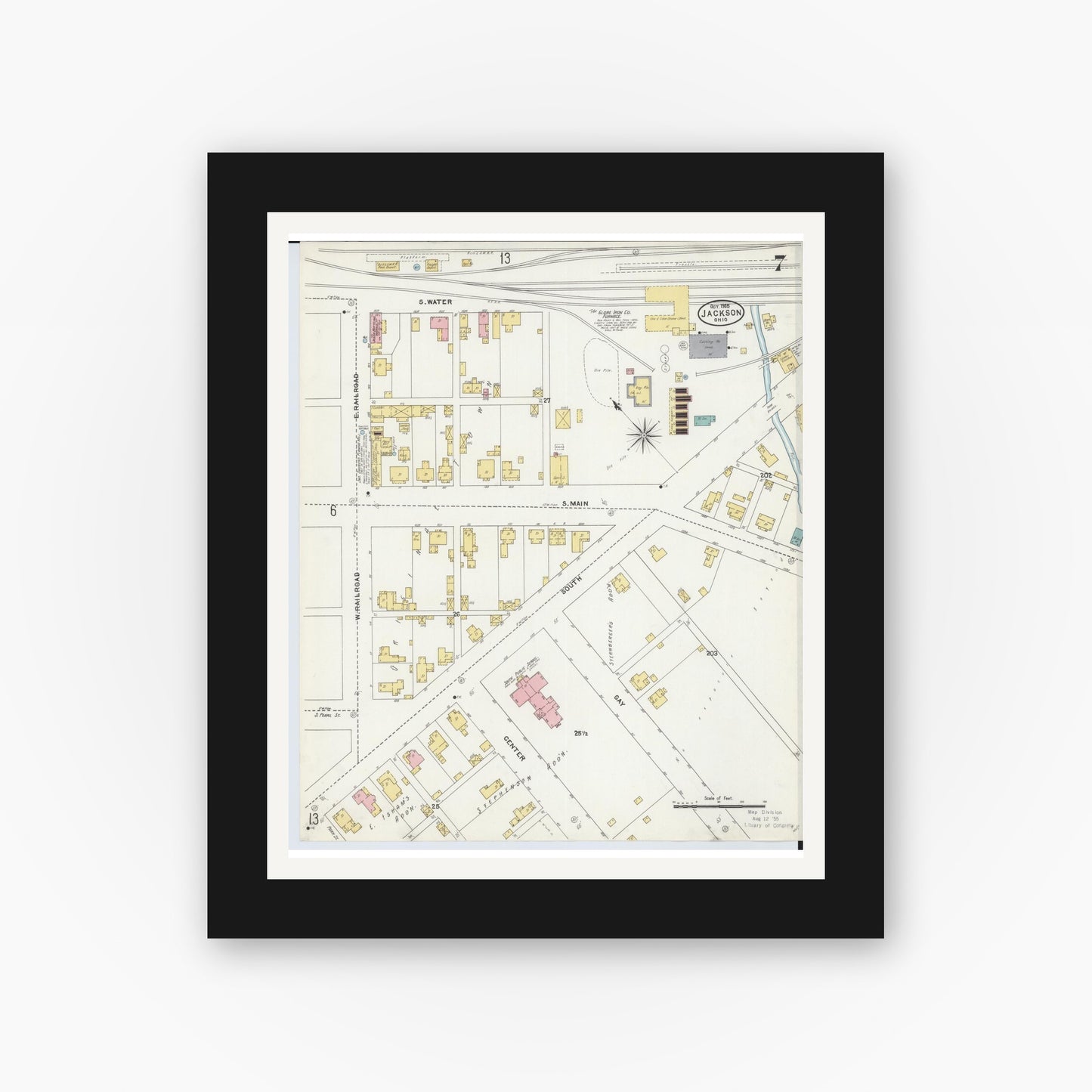 Old map wall art mockup — black gallery frame with white mat — Sanborn Fire Insurance Map from Jackson, Jackson County, Ohio (1905), Sheet #0007