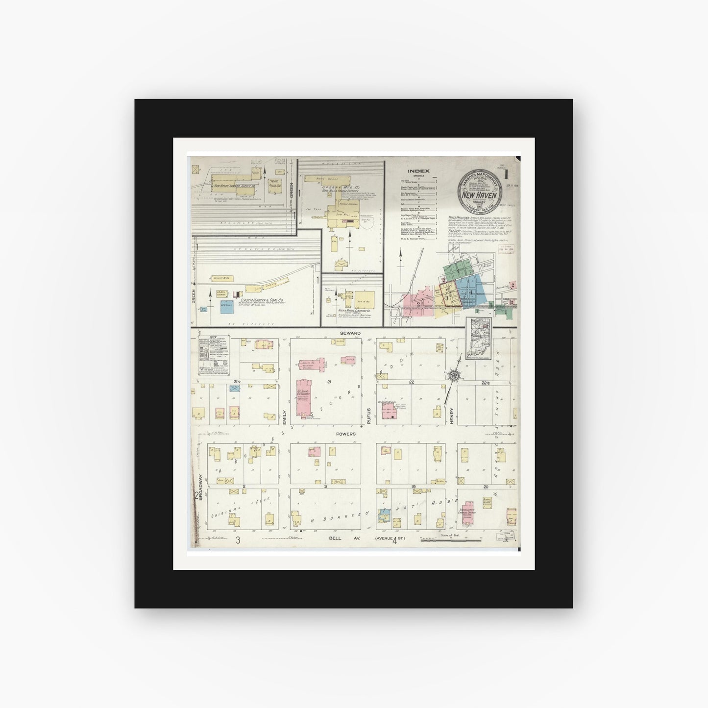 Old map wall art mockup — black gallery frame with white mat — Sanborn Fire Insurance Map from New Haven, Allen County, Indiana (1914) - Complete Map Set